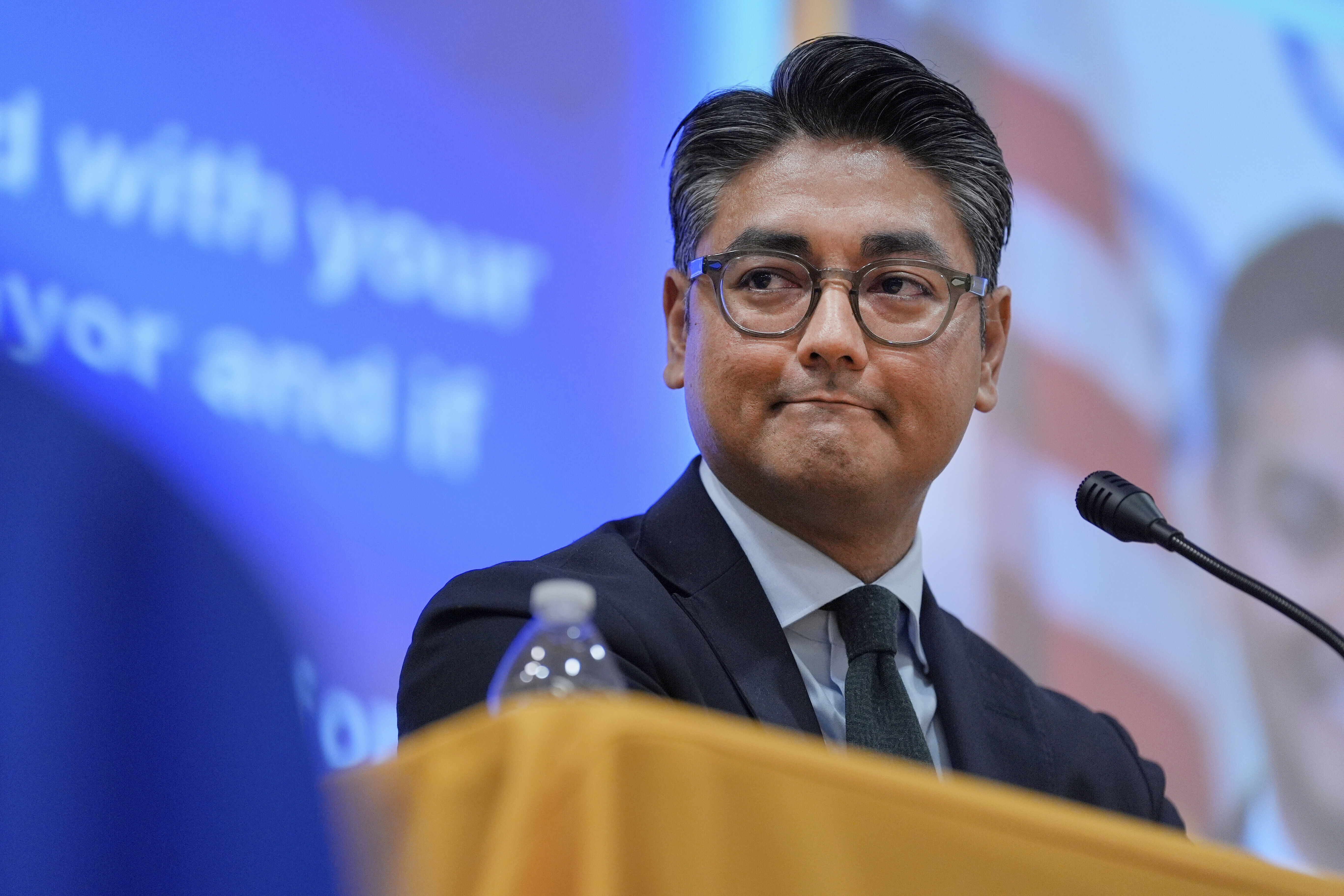 FILE - Incumbent Cincinnati Mayor Aftab Pureval participates in a candidate forum with Brian Frank hosted by the Cincinnati NAACP, Tuesday, April 15, 2025, in Cincinnati. (AP Photo/Carolyn Kaster,File)