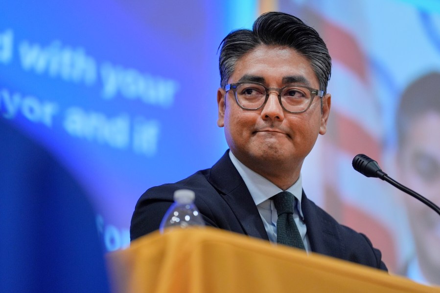 FILE - Incumbent Cincinnati Mayor Aftab Pureval participates in a candidate forum with Brian Frank hosted by the Cincinnati NAACP, Tuesday, April 15, 2025, in Cincinnati. (AP Photo/Carolyn Kaster,File)