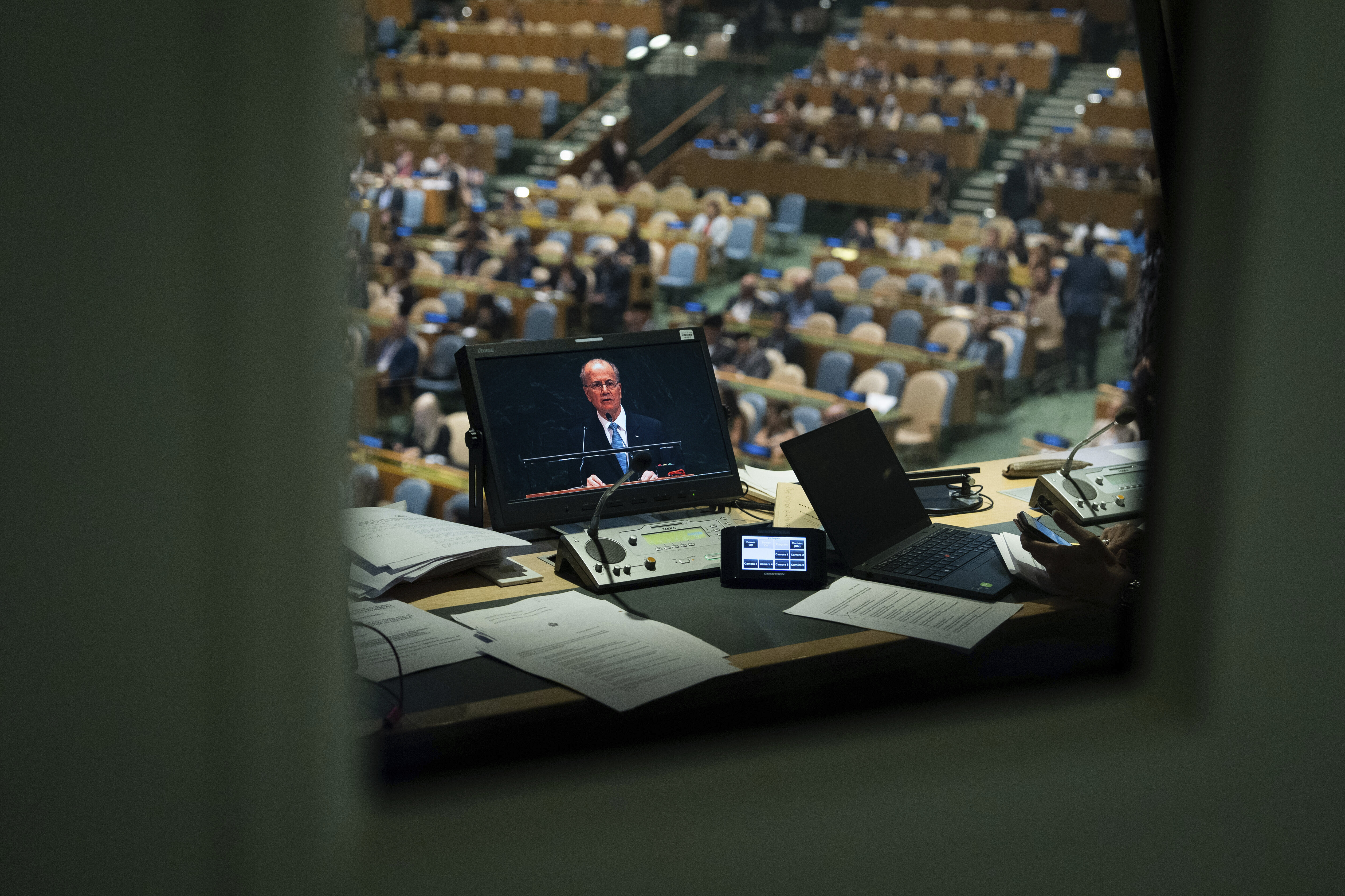 Palestinian Prime Minister Mohammed Mustafa is seen on a interpreter monitor as he speaks during a high-level International Conference for the Peaceful Settlement of the Question of Palestine and the Implementation of the Two-State solution at United Nations Headquarters, Monday, July 28, 2025. (AP Photo/Adam Gray)