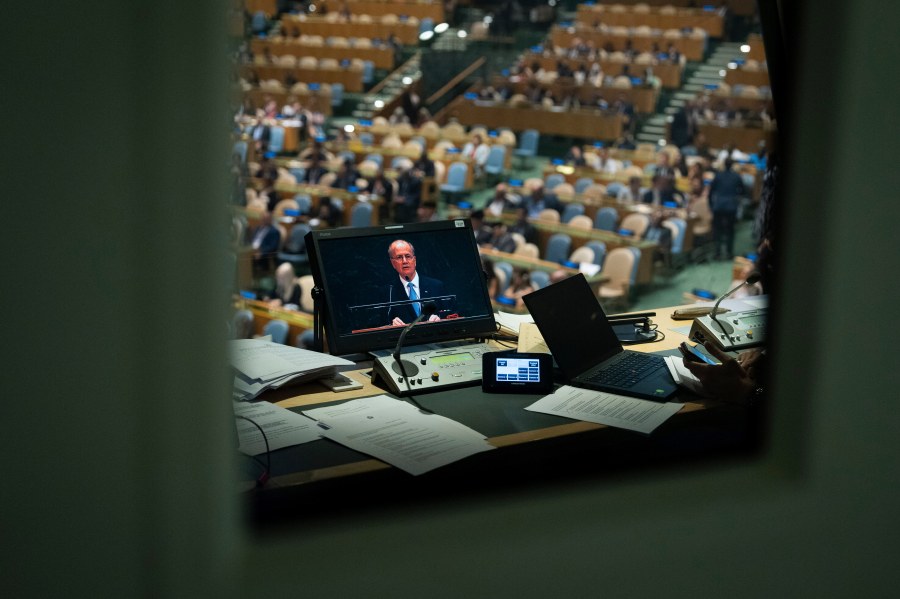 Palestinian Prime Minister Mohammed Mustafa is seen on a interpreter monitor as he speaks during a high-level International Conference for the Peaceful Settlement of the Question of Palestine and the Implementation of the Two-State solution at United Nations Headquarters, Monday, July 28, 2025. (AP Photo/Adam Gray)