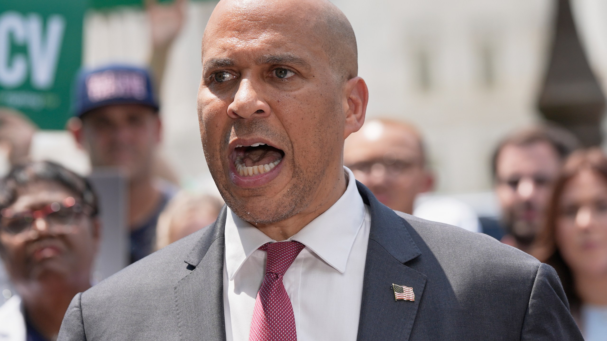 Sen. Cory Booker, D-N.J., speaks during a news conference on the Voting Rights Advancement Act, on Capitol Hill, Tuesday, July 29, 2025, in Washington. (AP Photo/Mariam Zuhaib)