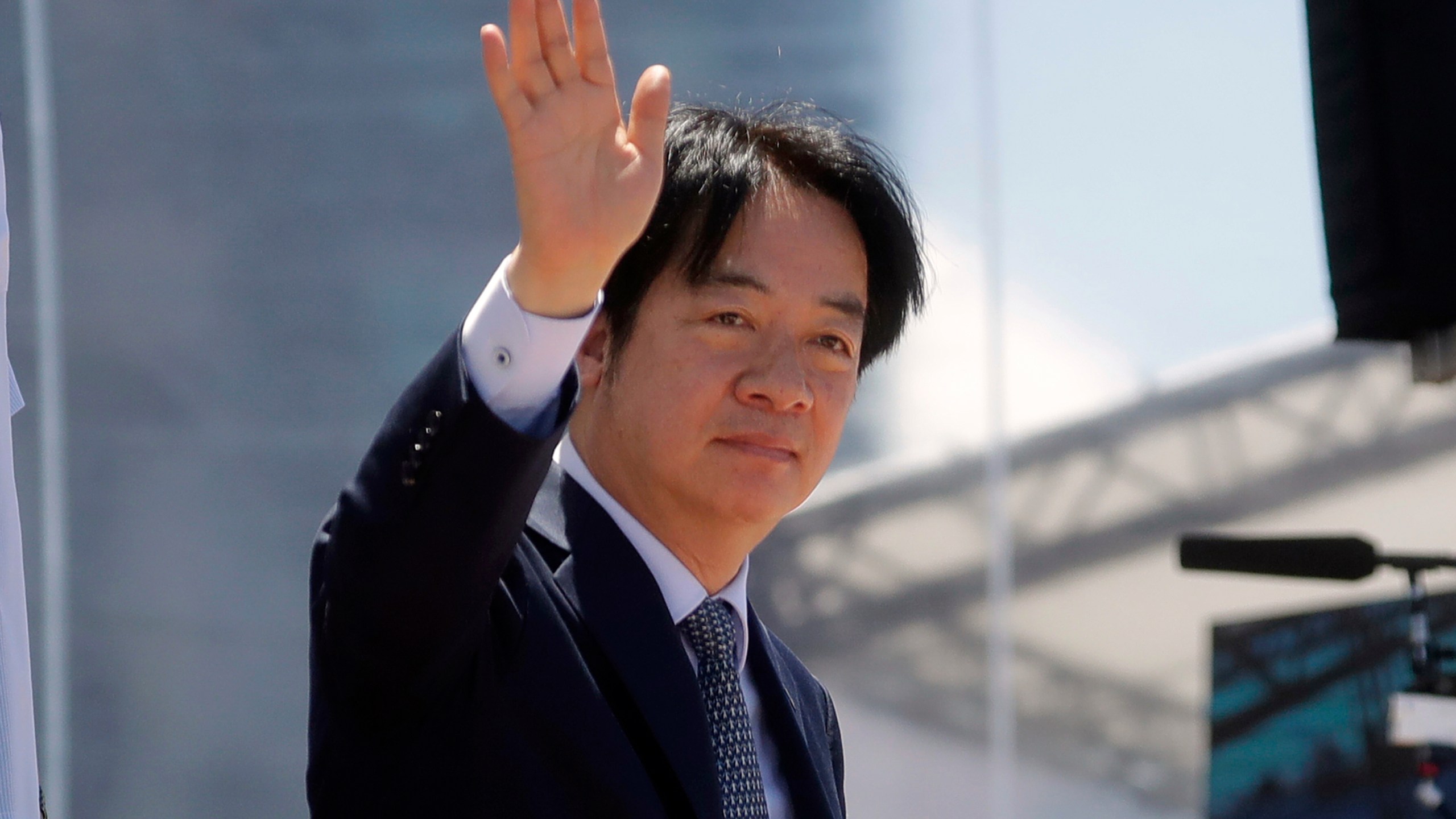 FILE - Taiwanese President Lai Ching-te waves after an offshore anti-terrorism drill at the Kaohsiung harbor in Kaohsiung, southern Taiwan, June 8, 2025. (AP Photo/Chiang Ying-ying, File)