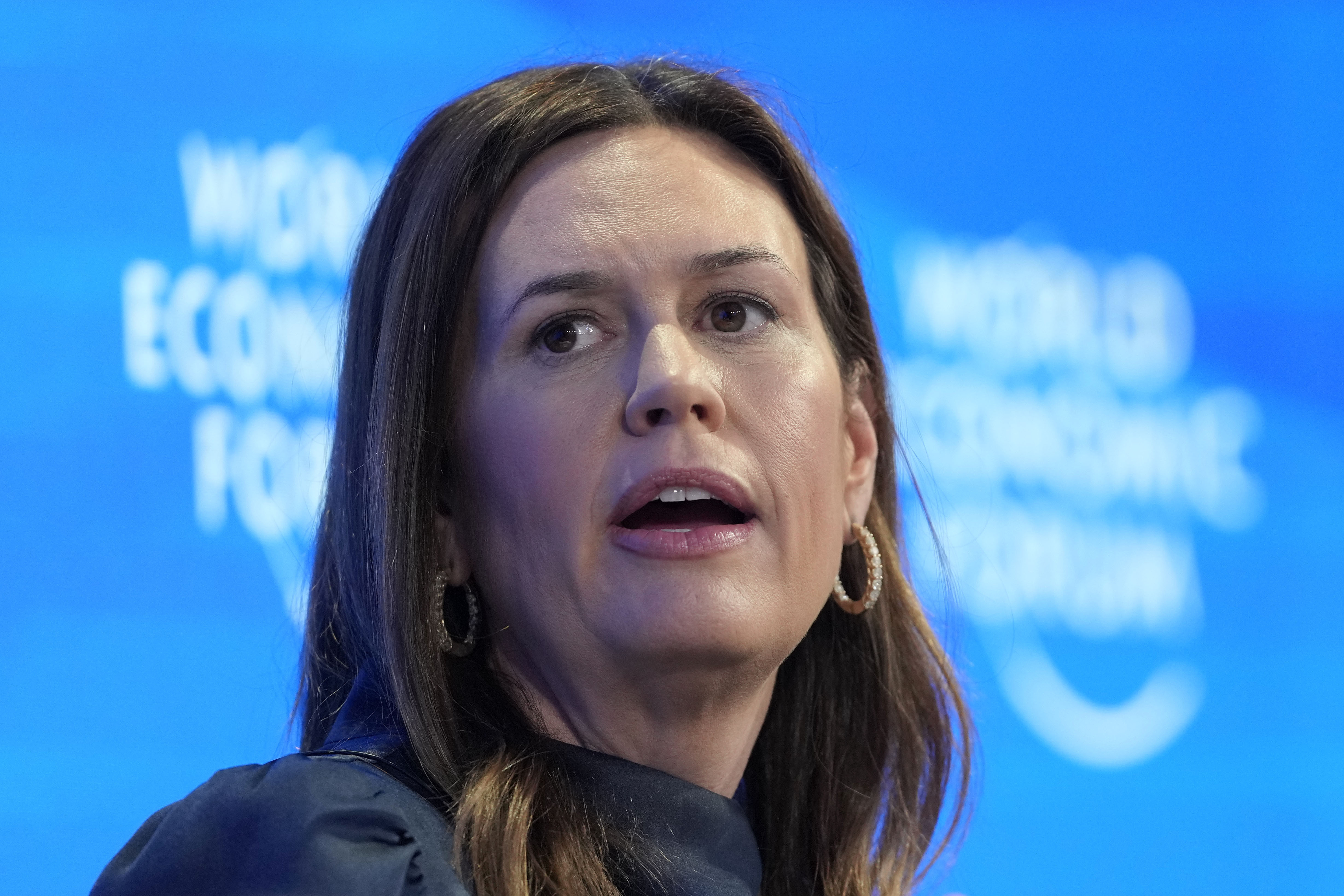 FILE - Arkansas Gov. Sarah Huckabee Sanders speaks at the Annual Meeting of World Economic Forum in Davos, Switzerland, Jan. 23, 2025. (AP Photo/Markus Schreiber, File)