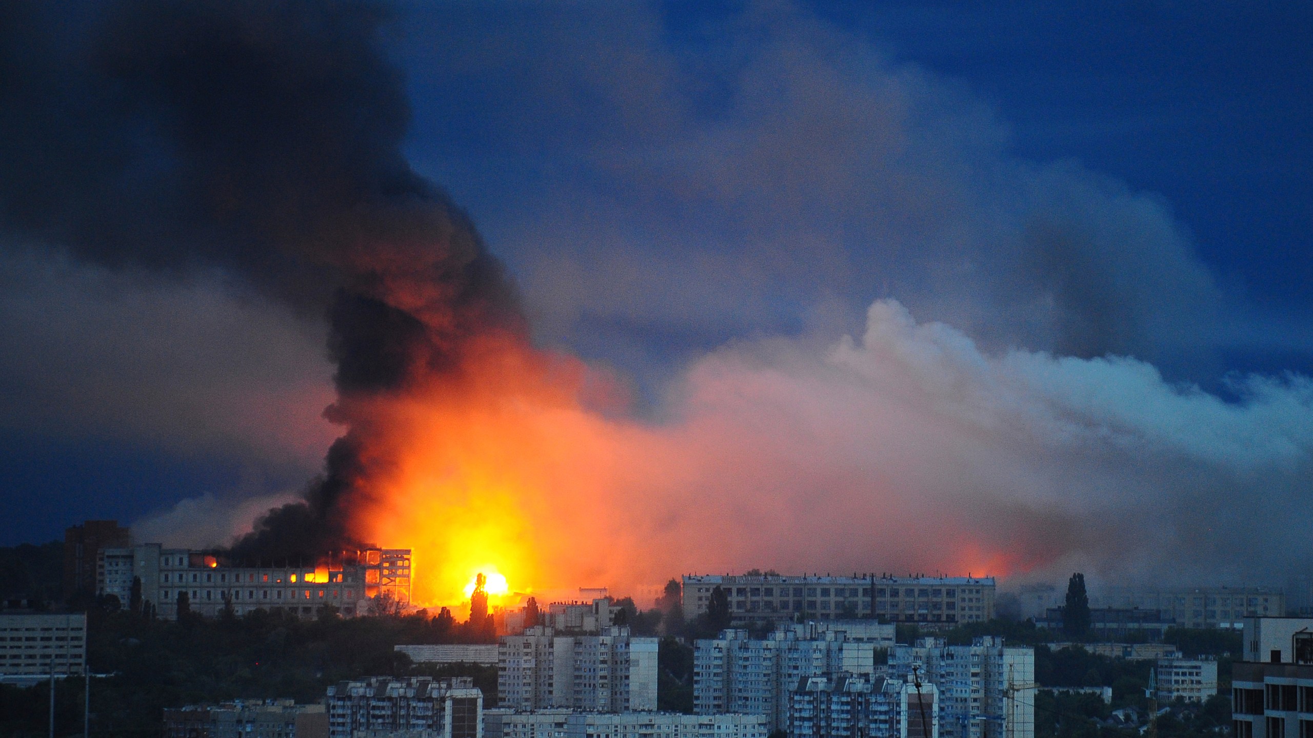 FILE - Fire and smoke rise from the site where a Russian missile struck a residential area in Kharkiv, Ukraine, Saturday, June 7, 2025, (AP Photo/Anatolii Lysianskyi, File)