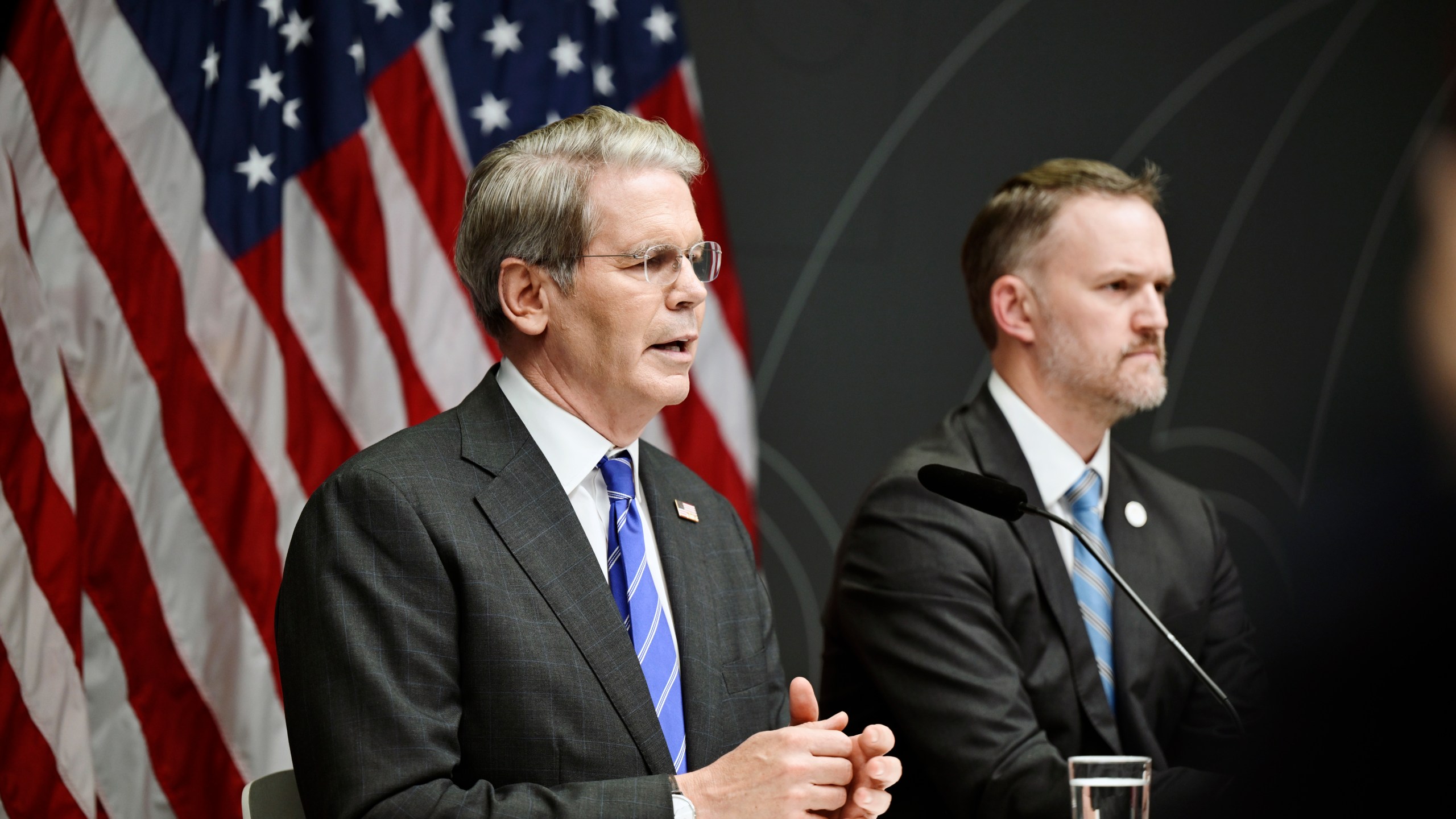 US Treasury Secretary Scott Bessent, left, and US Trade Representative Jamieson Greer during a press conference after the trade talks between the US and China in Stockholm, Sweden, Tuesday, July 29, 2025. (Magnus Lejhall/TT News Agency via AP)