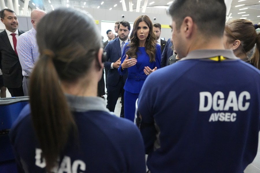 U.S. Homeland Security Secretary Kristi Noem attends a security demonstration related to TSA screening and a Biometric Identification Transnational Migration Alert Program (BITMAP) at Arturo Merino Benitez International Airport before departing Santiago, Chile, Wednesday, July 30, 2025. (AP Photo/Alex Brandon, Pool)