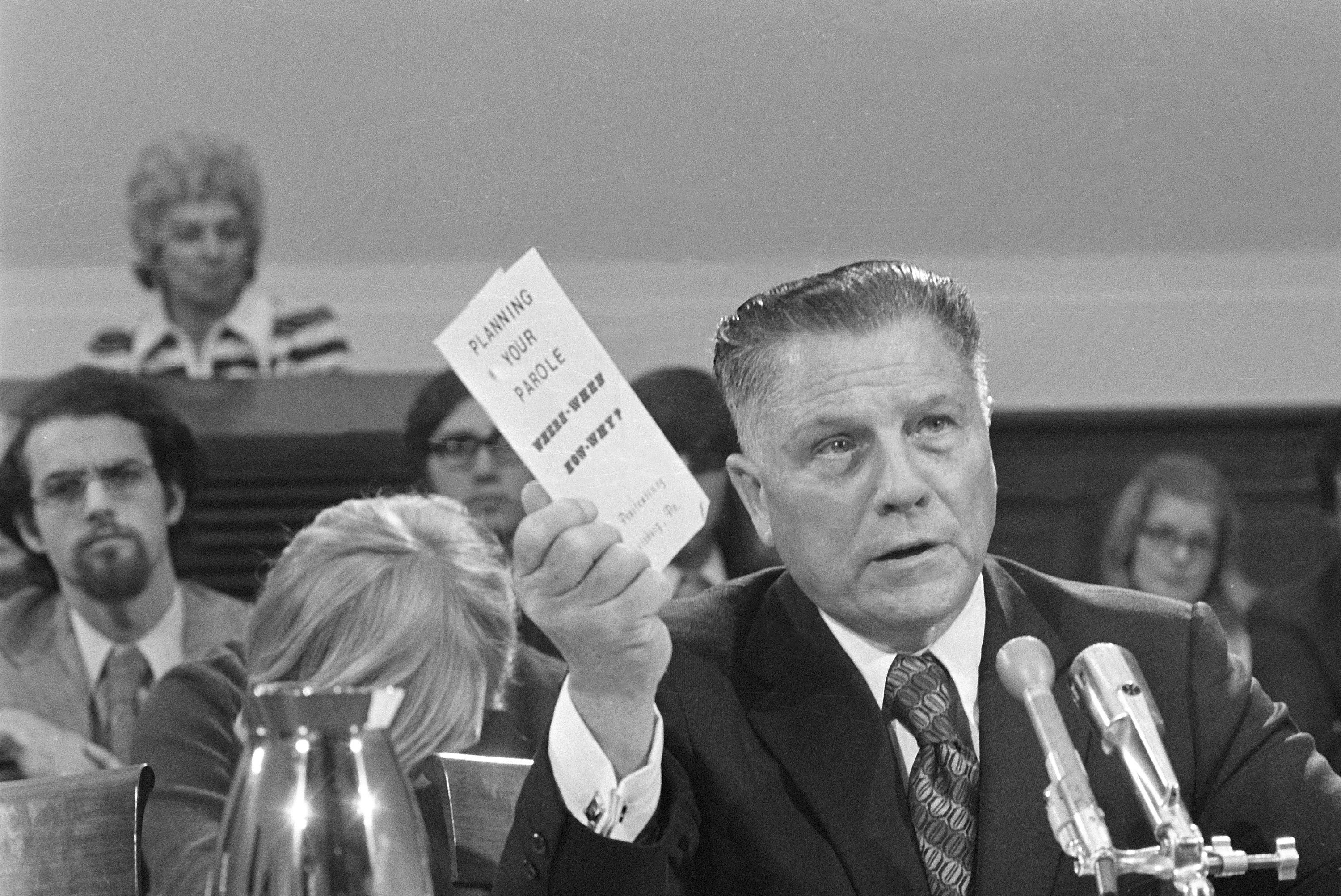 FILE - James R. Hoffa, former president of the Teamsters Union, testifies at a House Judiciary Committee hearing on parole procedures, in Washington, Oct. 19, 1972. (AP Photo, File)