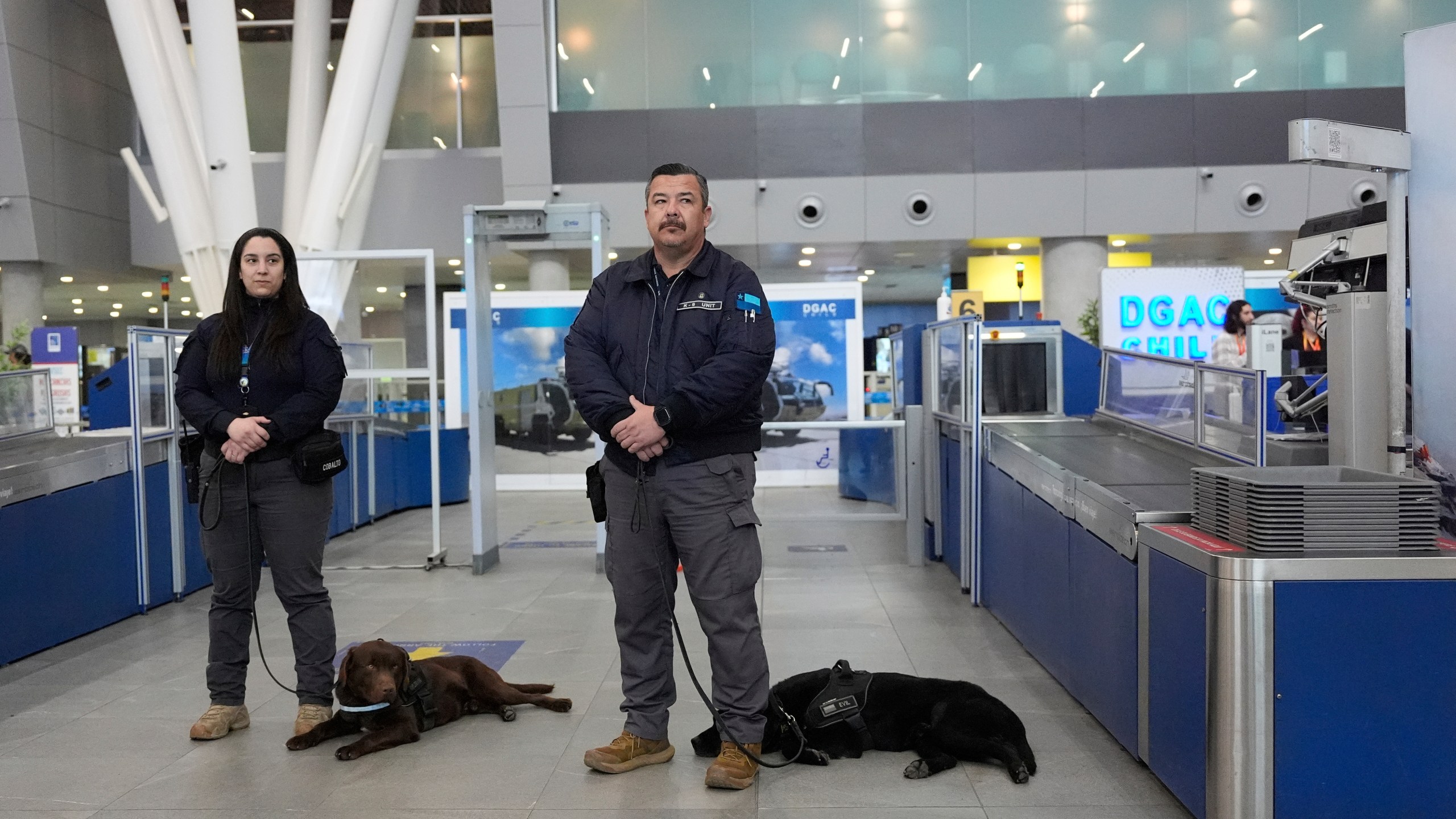 Chilean security agents stand with their sniffer dogs during a a security demonstration related to TSA screening and a Biometric Identification Transnational Migration Alert Program (BITMAP) at the Arturo Merino BenÌtez International Airport, Wednesday, July 30, 2025, in Santiago, Chile, before the departure of U.S. Homeland Security Secretary Kristi Noem. (AP Photo/Alex Brandon, Pool)