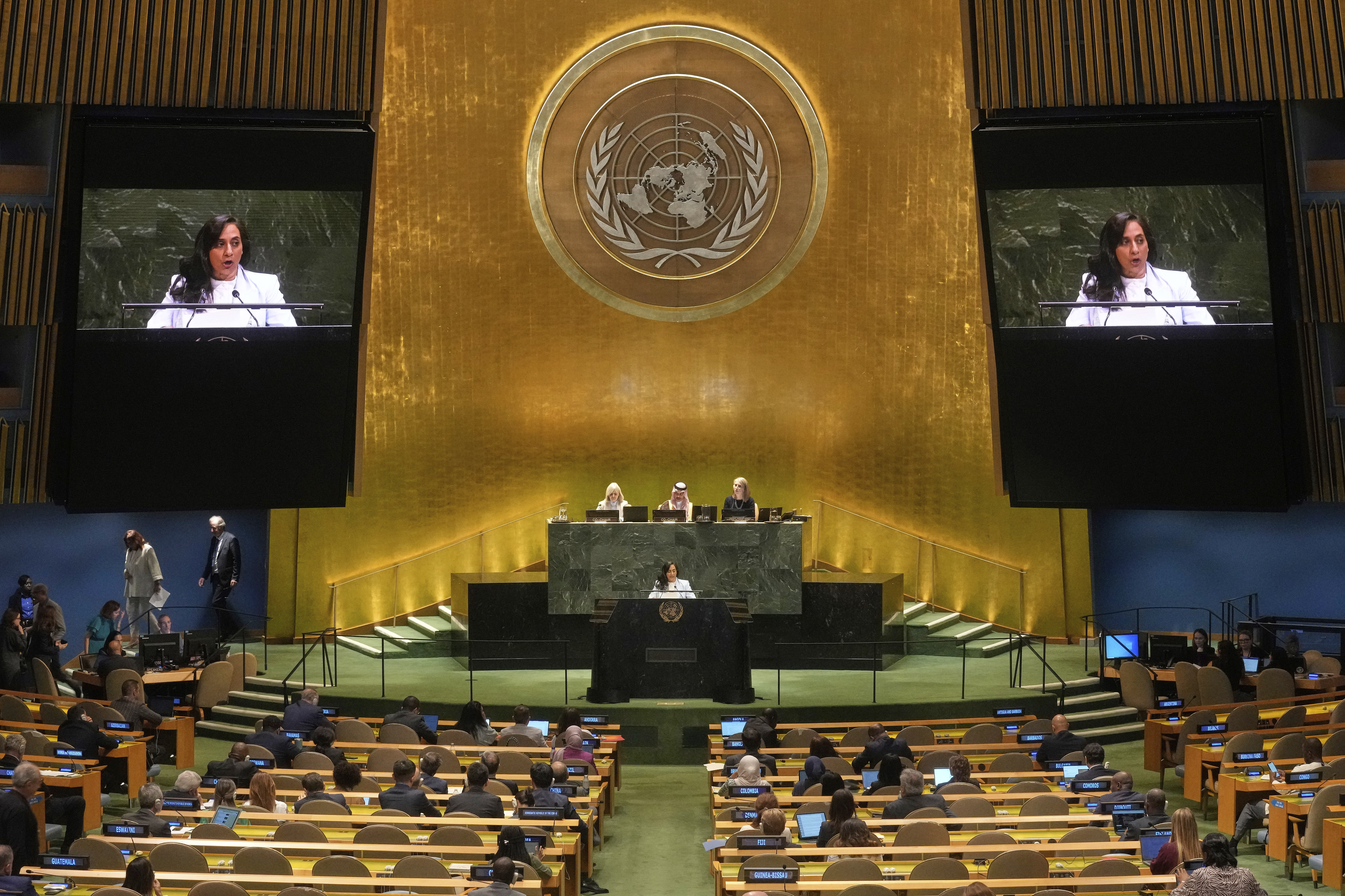 Canada Foreign Minister Anita Anand addresses the United Nations General Assembly, Monday, July 28, 2025. (AP Photo/Richard Drew)
