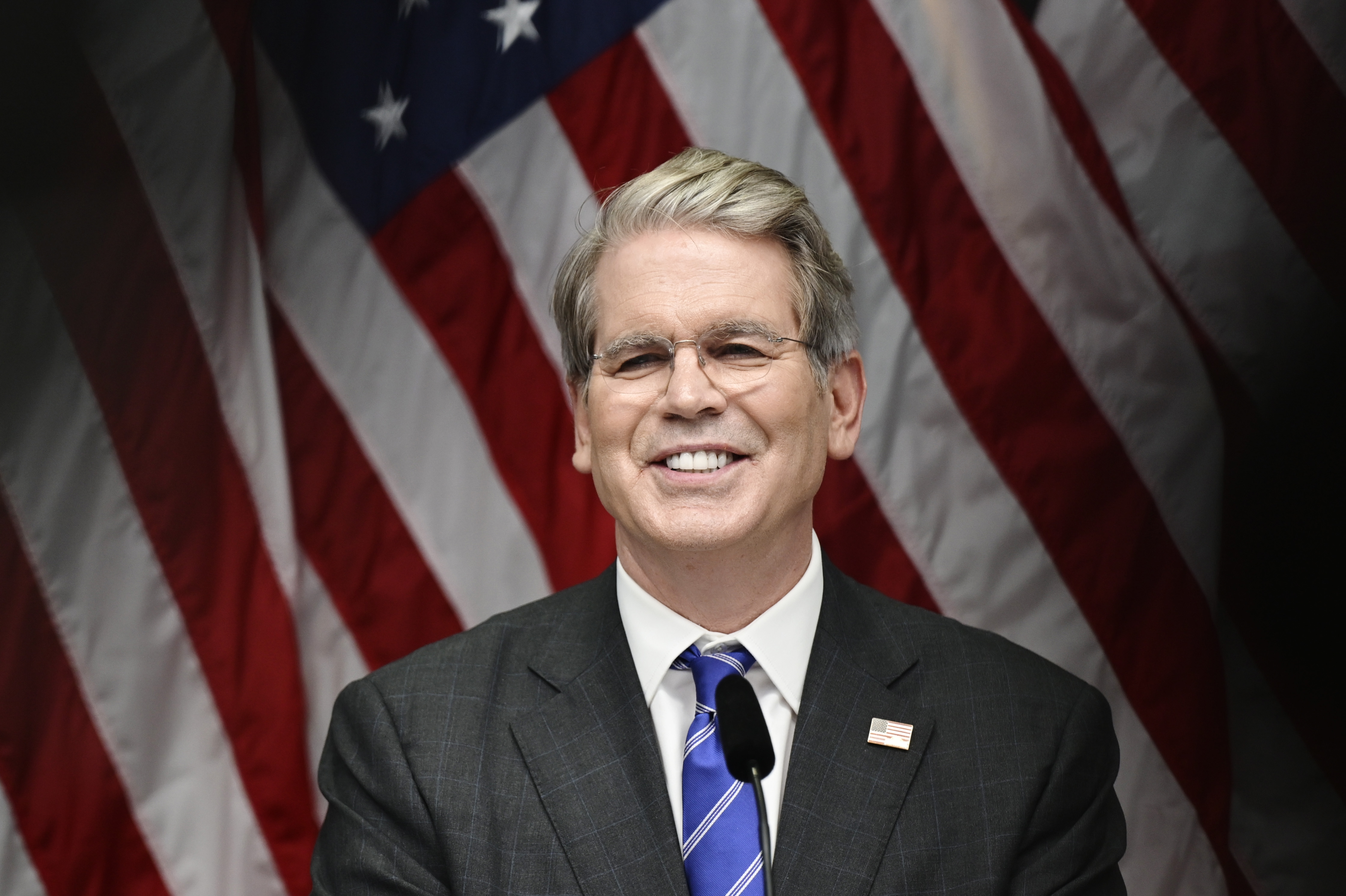 US Treasury Secretary Scott Bessent during a press conference after the trade talks between the US and China in Stockholm, Sweden, Tuesday, July 29, 2025. (Magnus Lejhall/TT News Agency via AP)