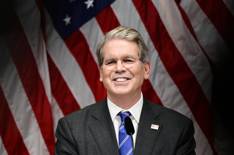 US Treasury Secretary Scott Bessent during a press conference after the trade talks between the US and China in Stockholm, Sweden, Tuesday, July 29, 2025. (Magnus Lejhall/TT News Agency via AP)