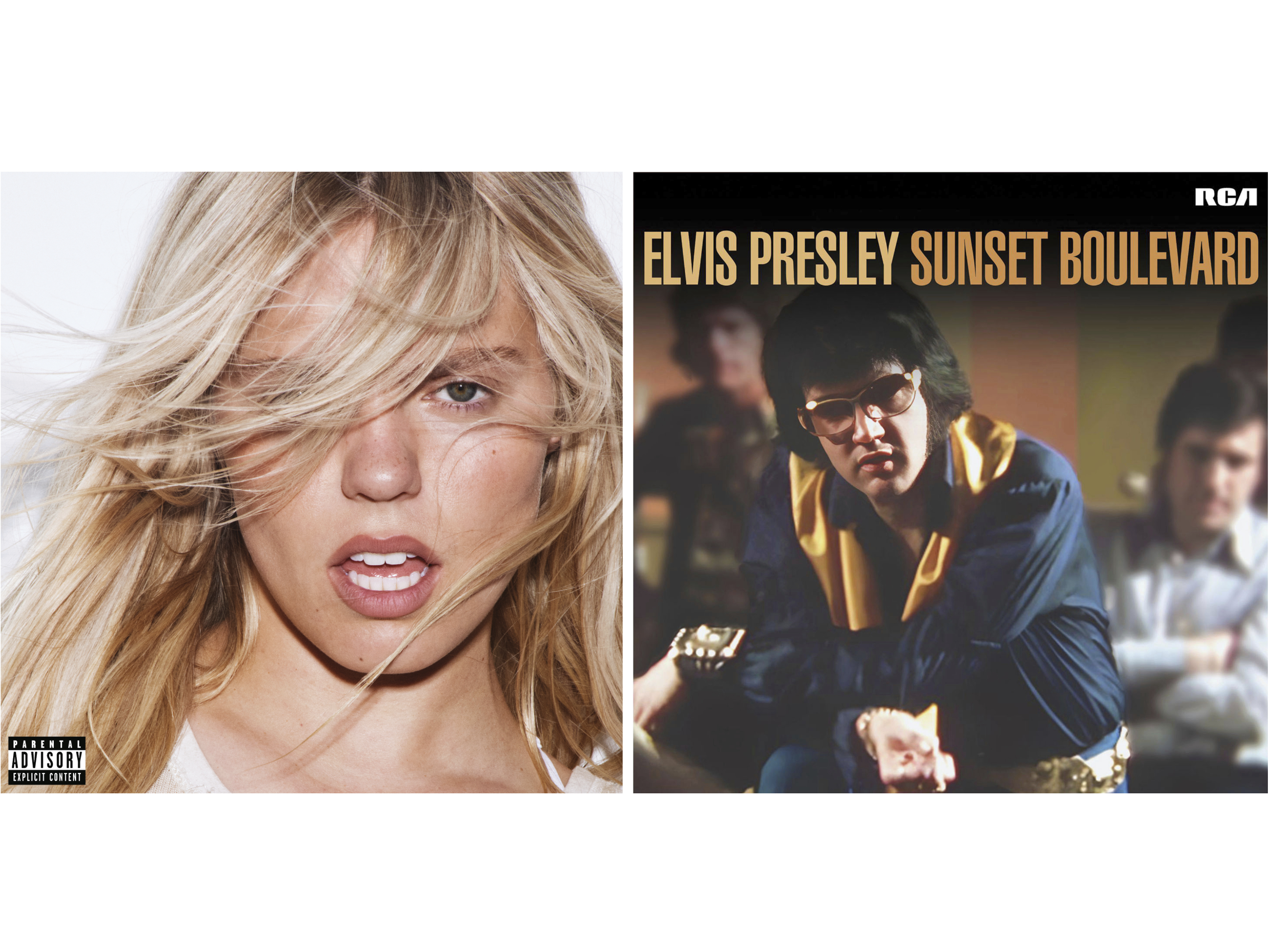 This combination of album covers shows “Bite Me” by Renee Rapp, left, and "Sunset Boulevard" by Elvis. (Interscope via AP, left, and RCA via AP)