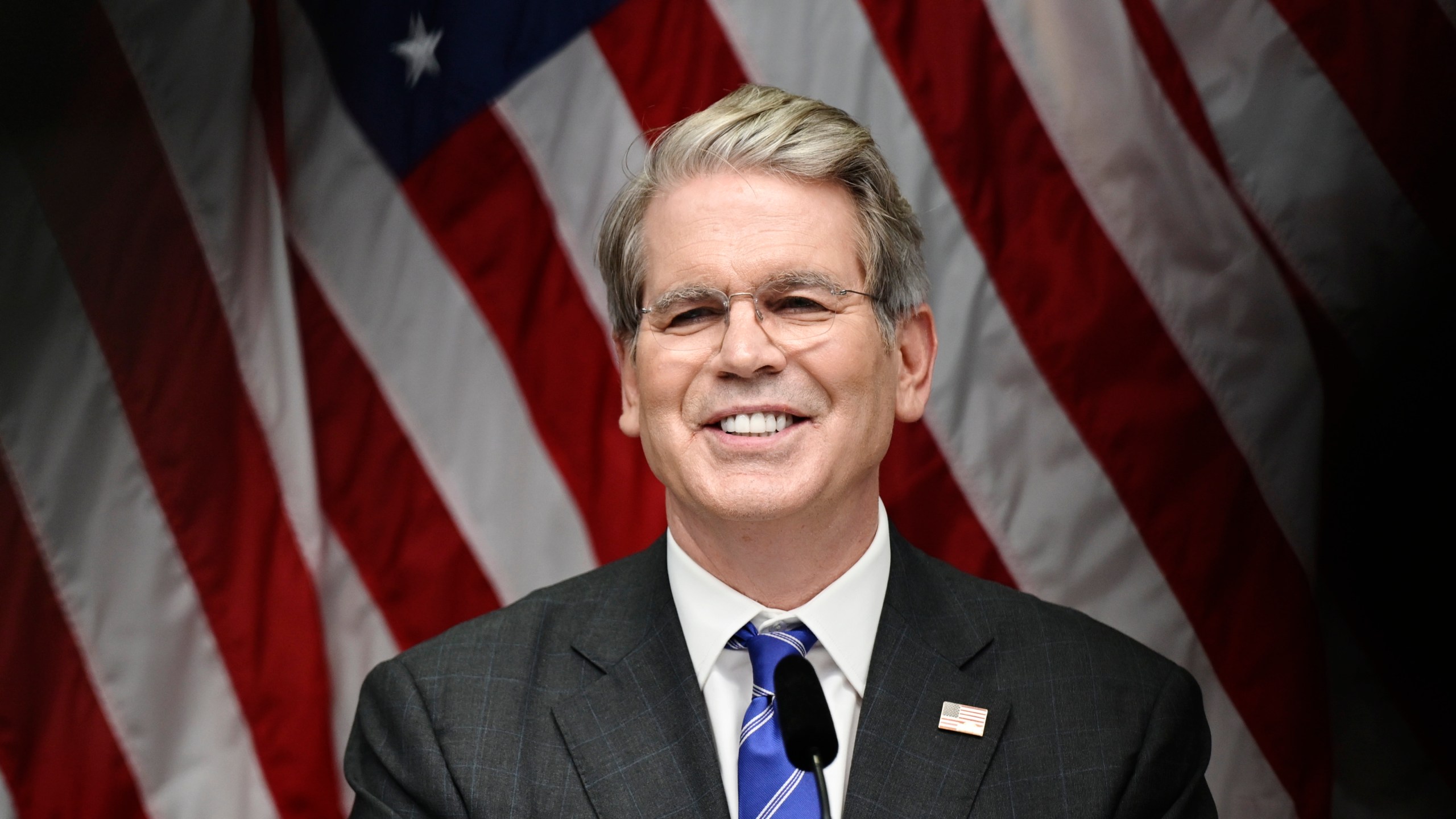 US Treasury Secretary Scott Bessent during a press conference after the trade talks between the US and China in Stockholm, Sweden, Tuesday, July 29, 2025. (Magnus Lejhall/TT News Agency via AP)