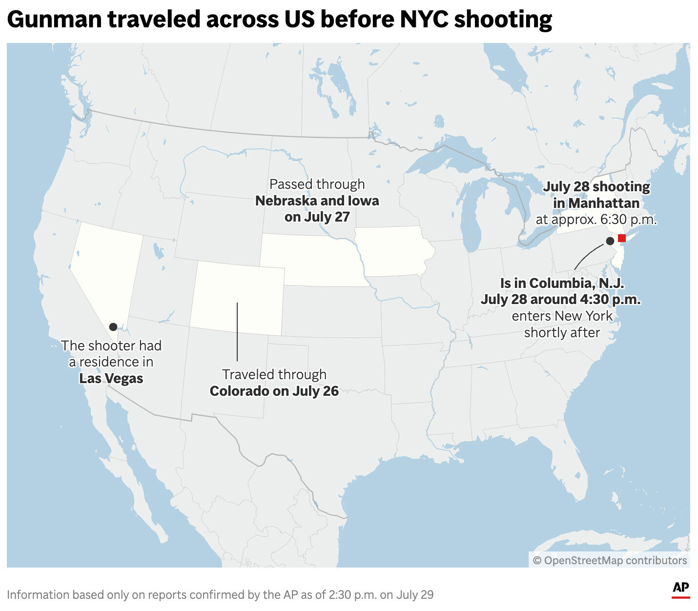 The map above highlights confirmed travels of the gunman who carried out a deadly shooting in a midtown Manhattan office building. (AP Graphic)