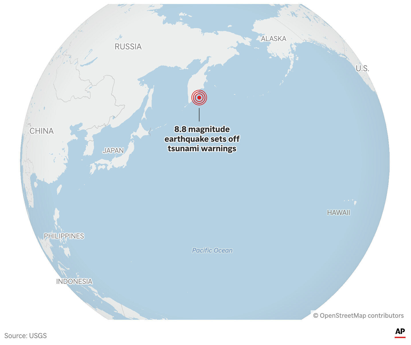 The map above locates the epicenter of an 8.8 magnitude earthquake in Russia that has triggered tsunami warnings across the Pacific Ocean. (AP Graphic)