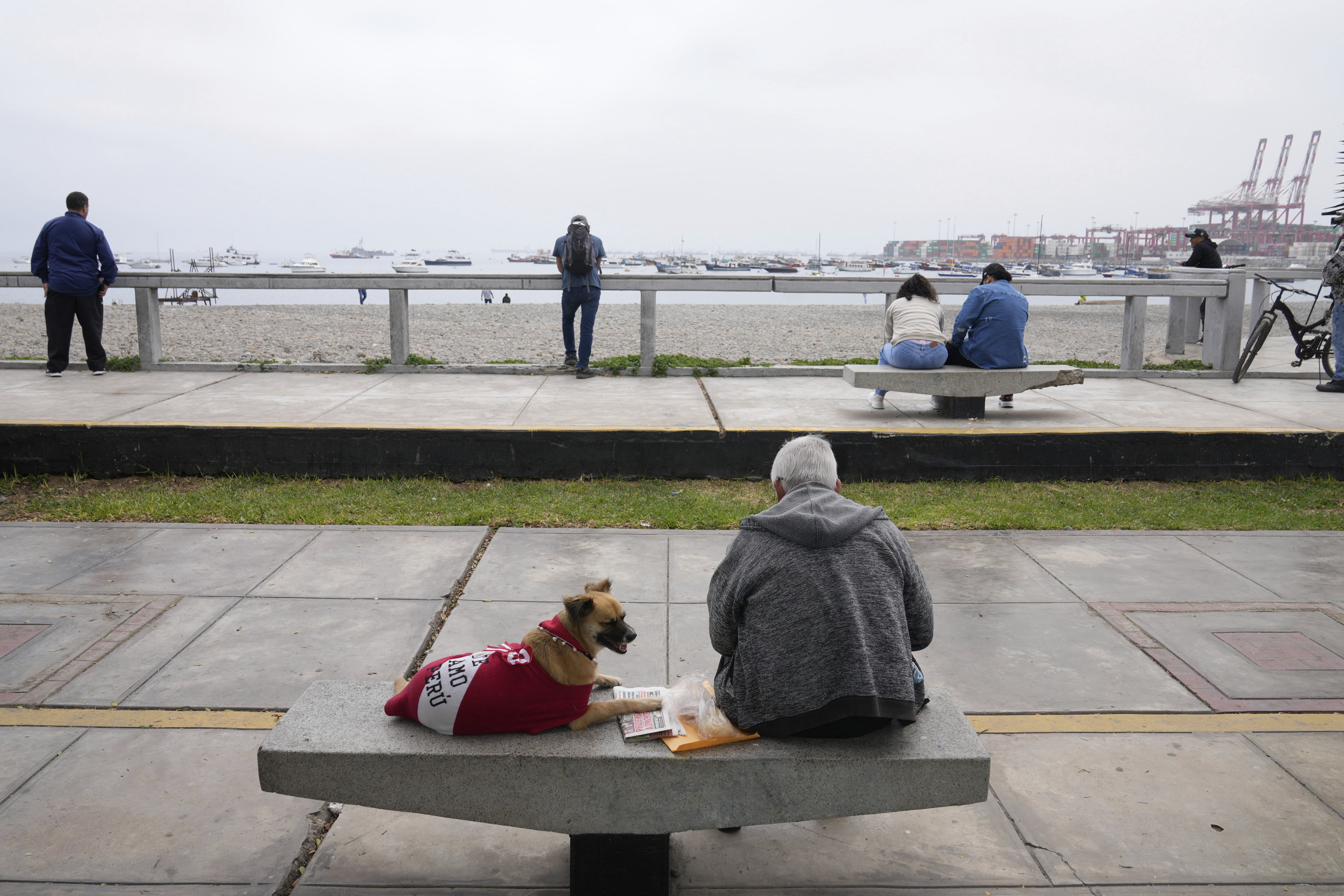 A man rests with his dog by Abtao beach in Callao, Peru, Wednesday, July 30, 2025, following a tsunami warning after a earthquake that struck off the coast of Russia. (AP Photo/Martin Mejia)