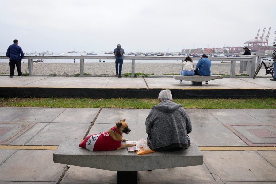 A man rests with his dog by Abtao beach in Callao, Peru, Wednesday, July 30, 2025, following a tsunami warning after a earthquake that struck off the coast of Russia. (AP Photo/Martin Mejia)