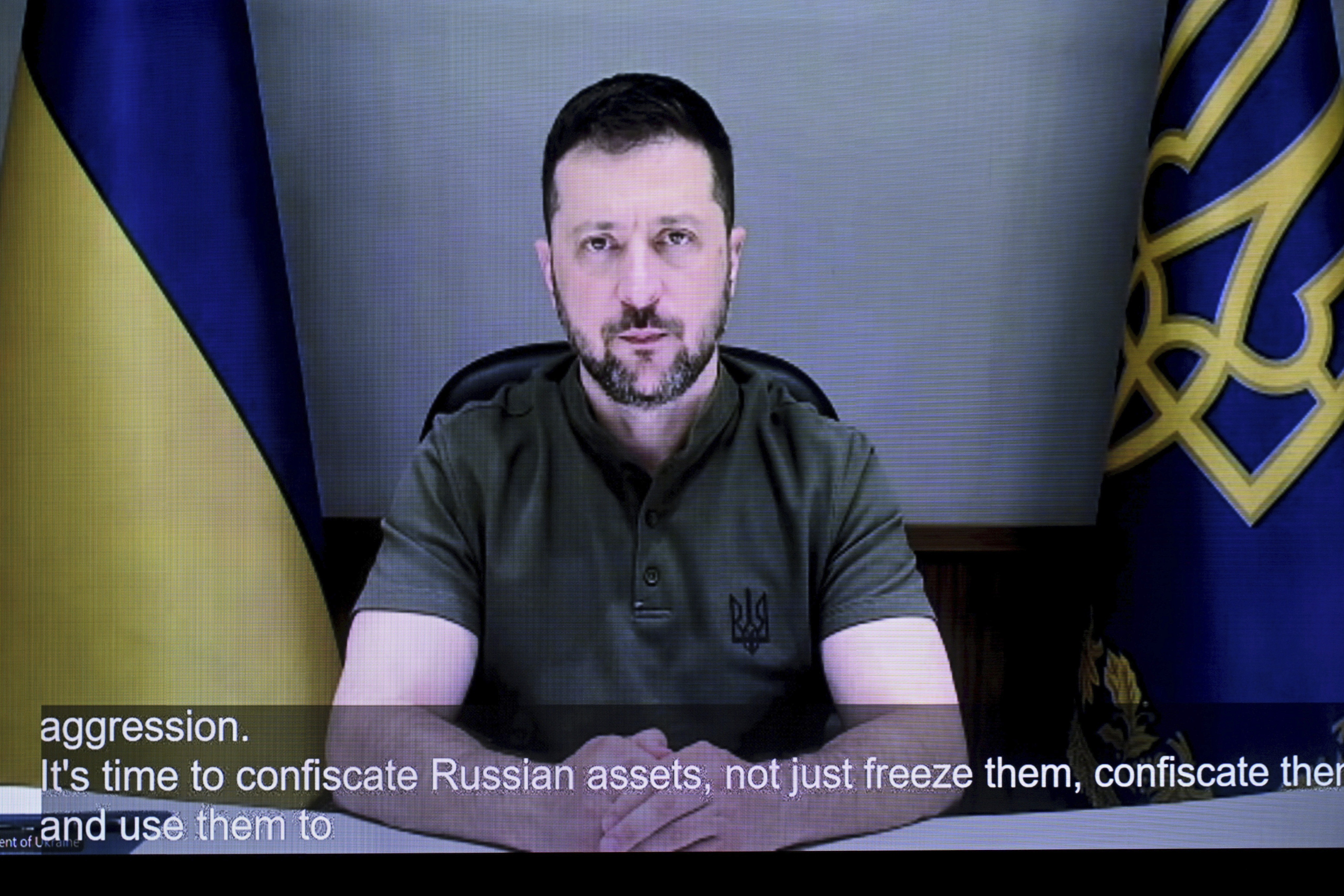 Ukraine's President Volodymyr Zelenskyy addresses online the opening of the Helsinki+50 Conference in Helsinki, Finland, Thursday, July 31, 2025. (Mikko Stig/Lehtikuva via AP)