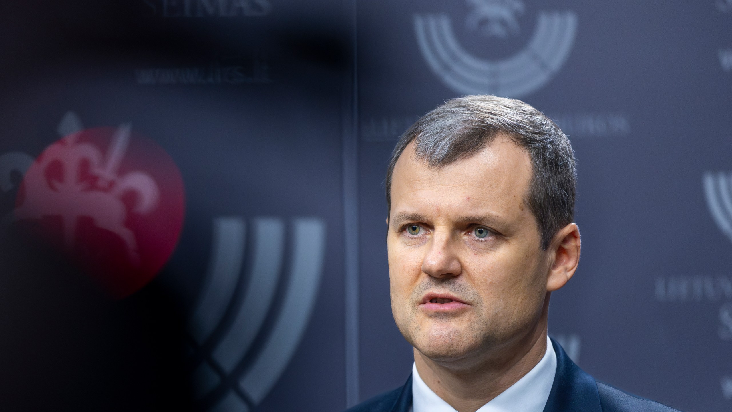 FILE -Newly elected Lithuania's Prime Minister Gintautas Paluckas, speaks to the media at the Parliament in Vilnius, Lithuania, Nov. 21, 2024. (AP Photo/Mindaugas Kulbis, File)