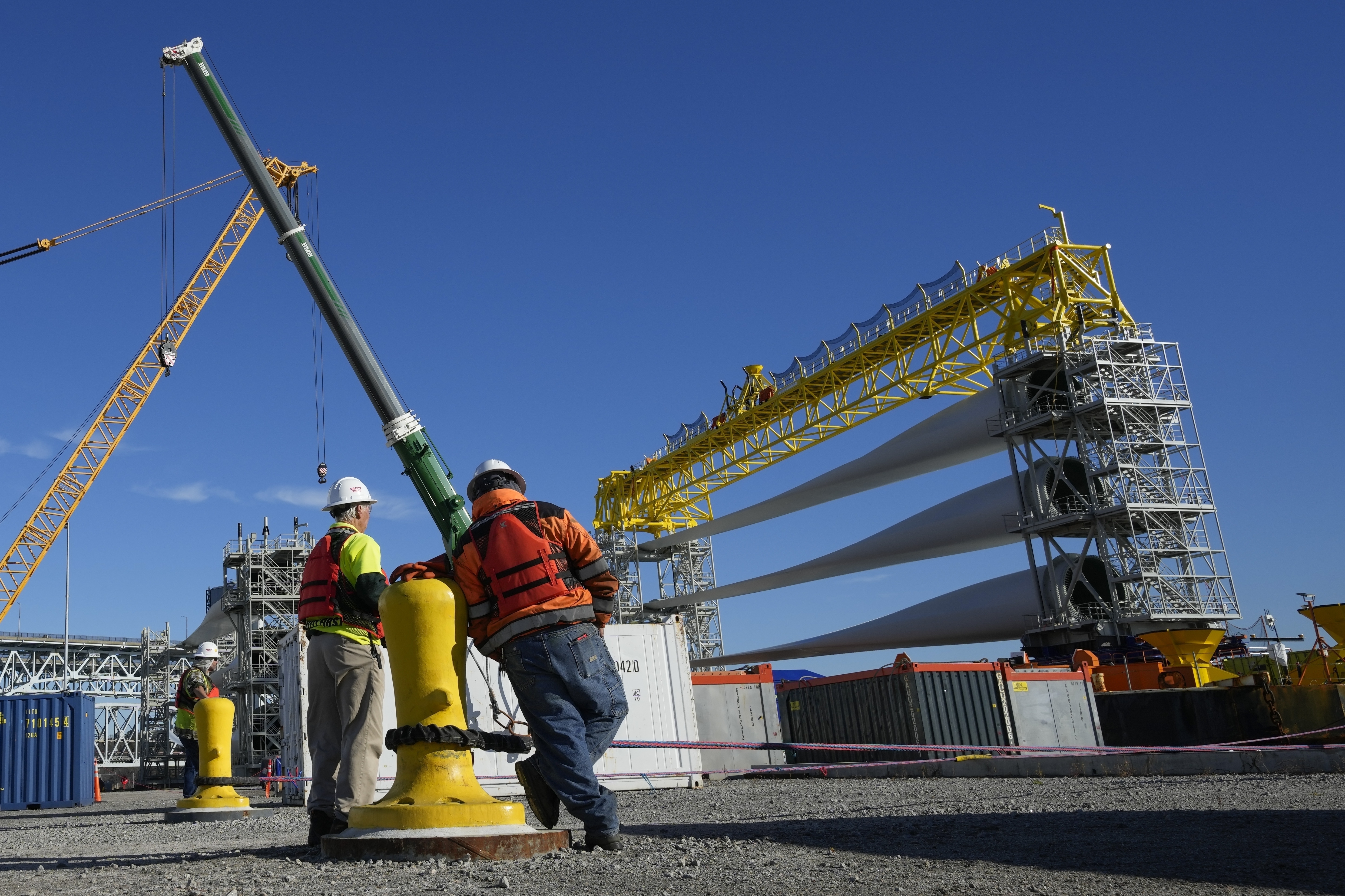 FILE - A generator and its blades are prepared for transport to the open ocean for the South Fork Wind farm in New London, Conn., Dec. 4, 2023. (AP Photo/Seth Wenig, File)