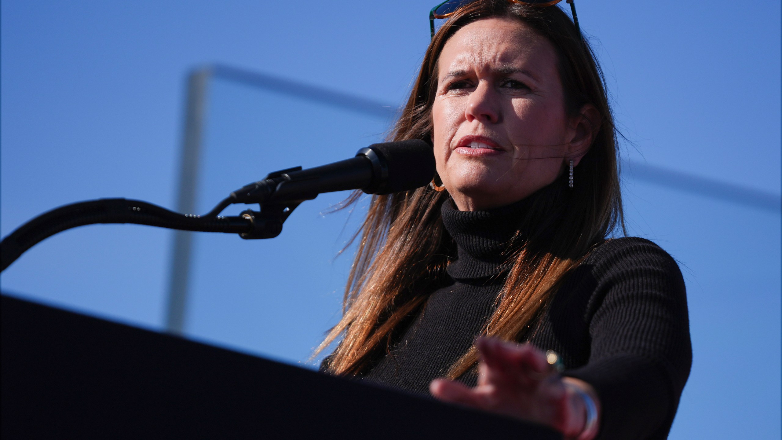 FILE - Arkansas Gov. Sarah Huckabee Sanders speaks at a campaign rally for presidential candidate, former President Donald Trump, in Lititz, Pa., Nov. 3, 2024. (AP Photo/Evan Vucci, File)