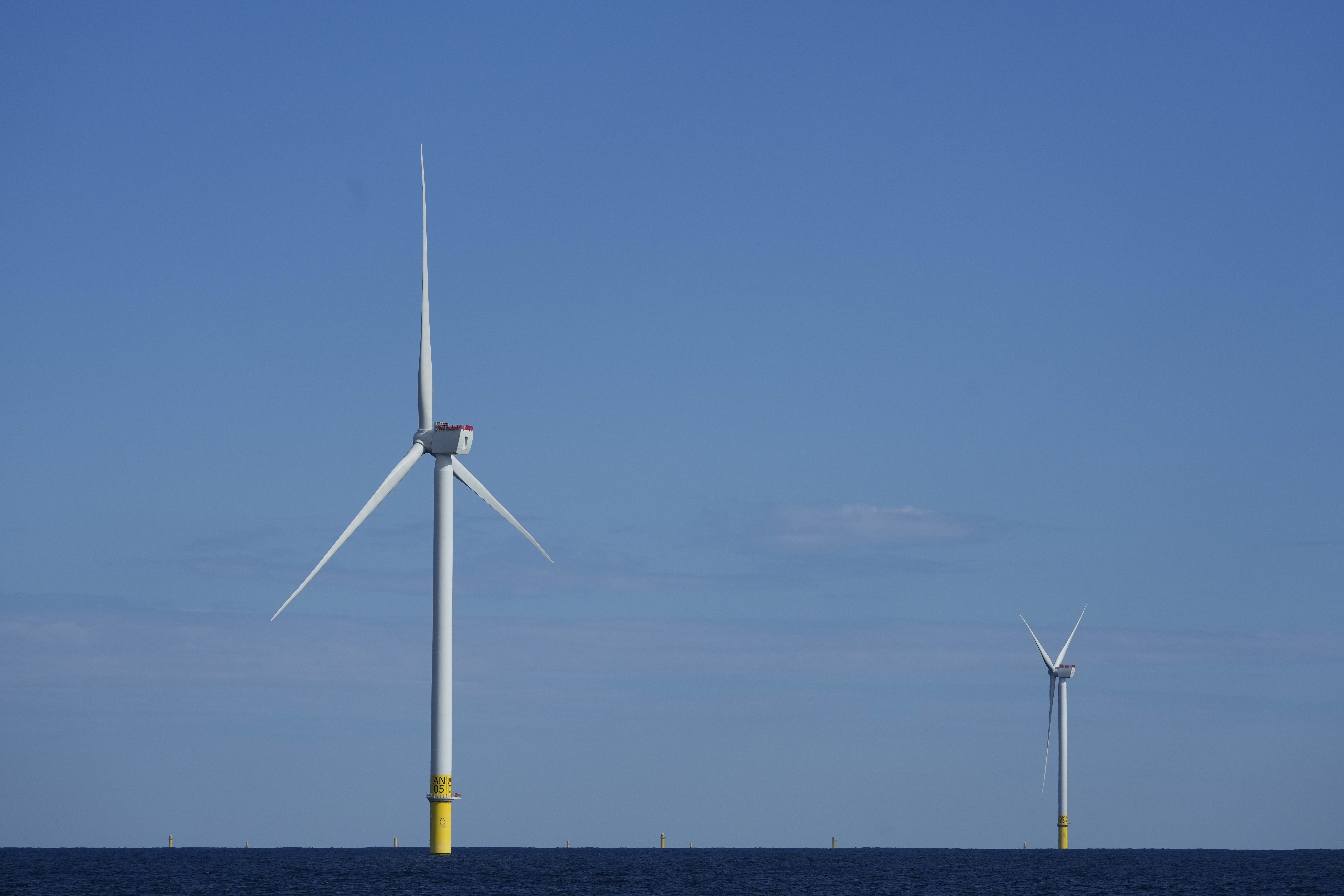 FILE - Offshore wind turbines of South Fork Wind operate off the coast of Block Island, R.I., Oct. 9, 2024. (AP Photo/Seth Wenig, File)