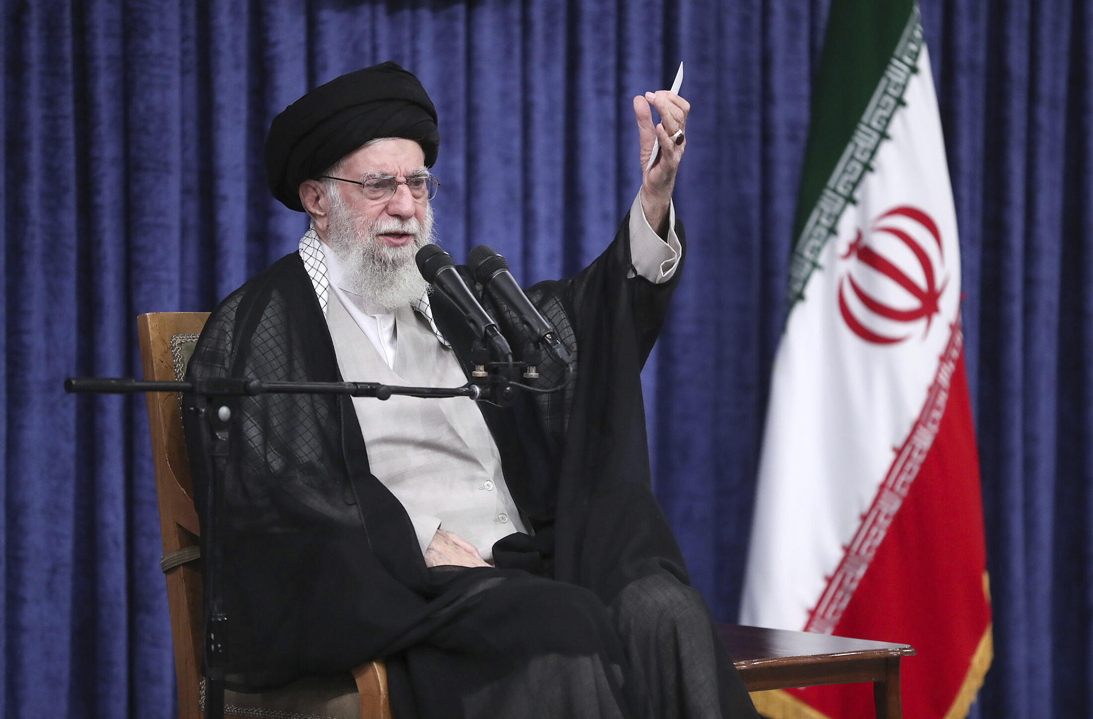 In this photo released by the official website of the office of the Iranian supreme leader, Supreme Leader Ayatollah Ali Khamenei speaks in a meeting with judiciary officials in Tehran, Iran, Wednesday, July 16, 2025. (Office of the Iranian Supreme Leader via AP)