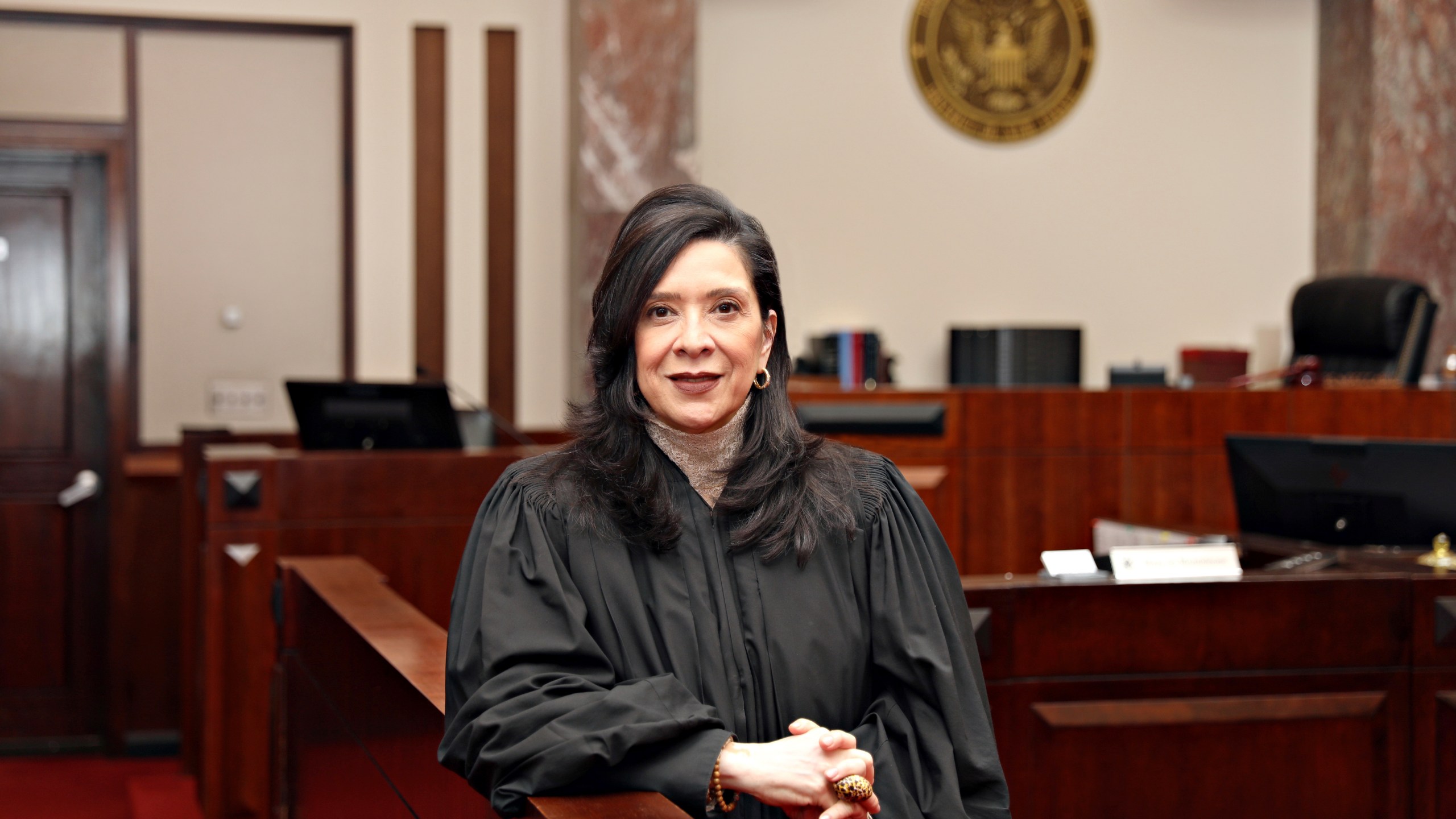 This image provided by Esther Salas shows U.S. District Judge Esther Salas, in her courtroom in Newark, N.J., March 20, 2025. (Esther Salas via AP)