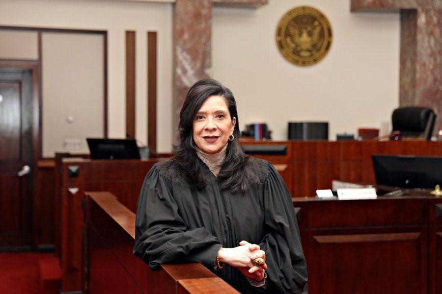 This image provided by Esther Salas shows U.S. District Judge Esther Salas, in her courtroom in Newark, N.J., March 20, 2025. (Esther Salas via AP)