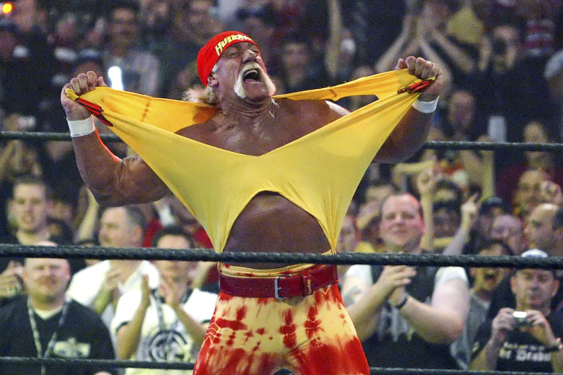 FILE - in this April 3, 2005, file photo, Hulk Hogan fires up the crowd between matches during WrestleMania 21 in Los Angeles. (AP Photo/Chris Carlson, File)