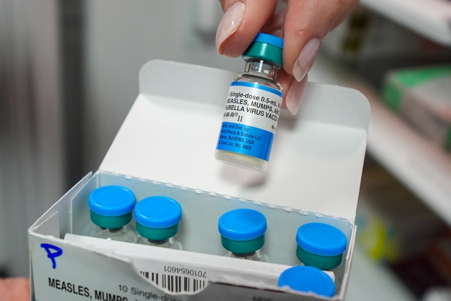 FILE - Vials of the measles mumps and rubella (MMR) vaccine are displayed in Lubbock, Texas, on Tuesday, Feb. 25, 2025. (AP Photo/Julio Cortez, File)