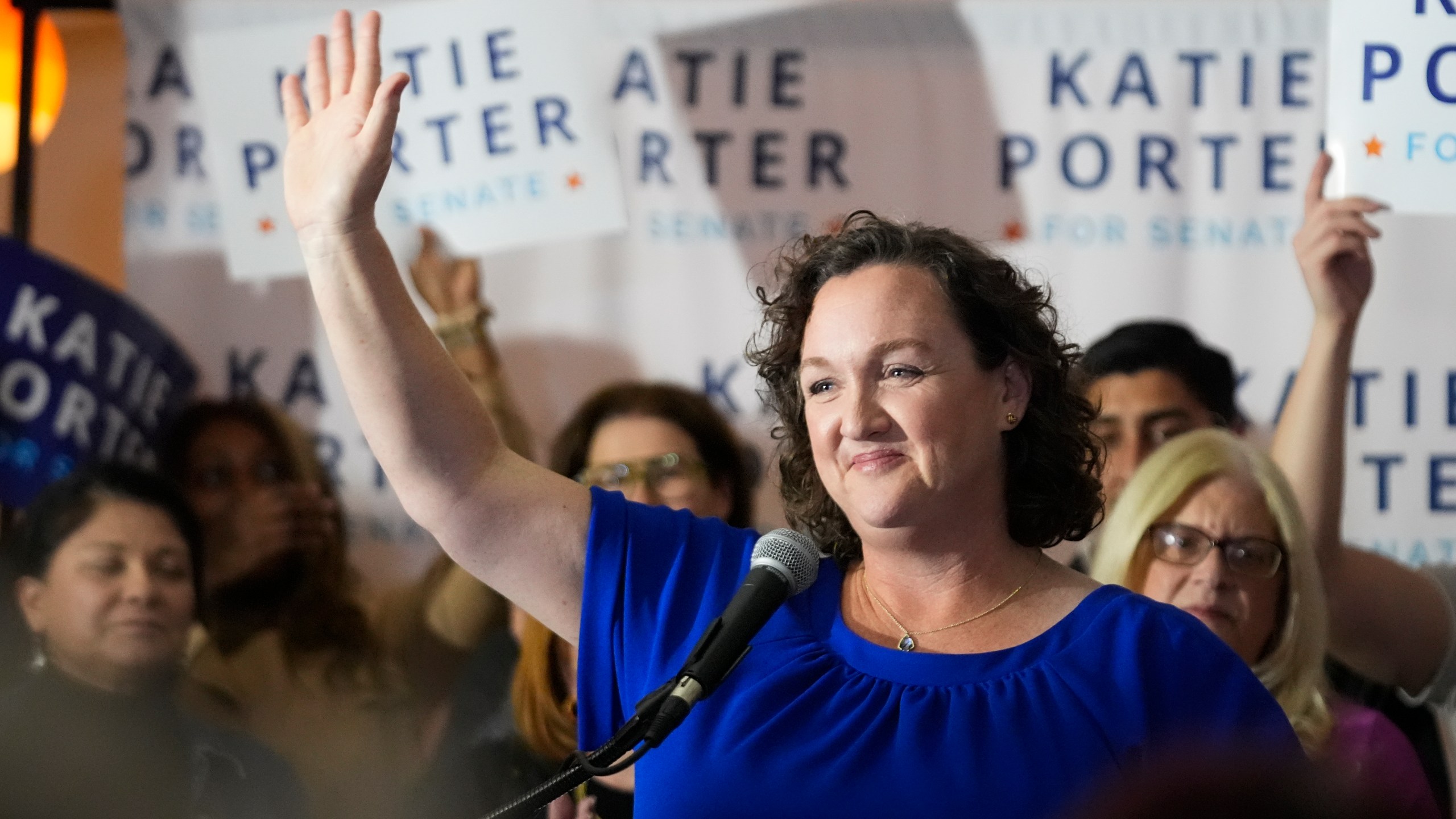 FILE - U.S. Rep. Katie Porter, D-Calif., waves at supporters at an election night party, March 5, 2024, in Long Beach, Calif. (AP Photo/Damian Dovarganes, File)