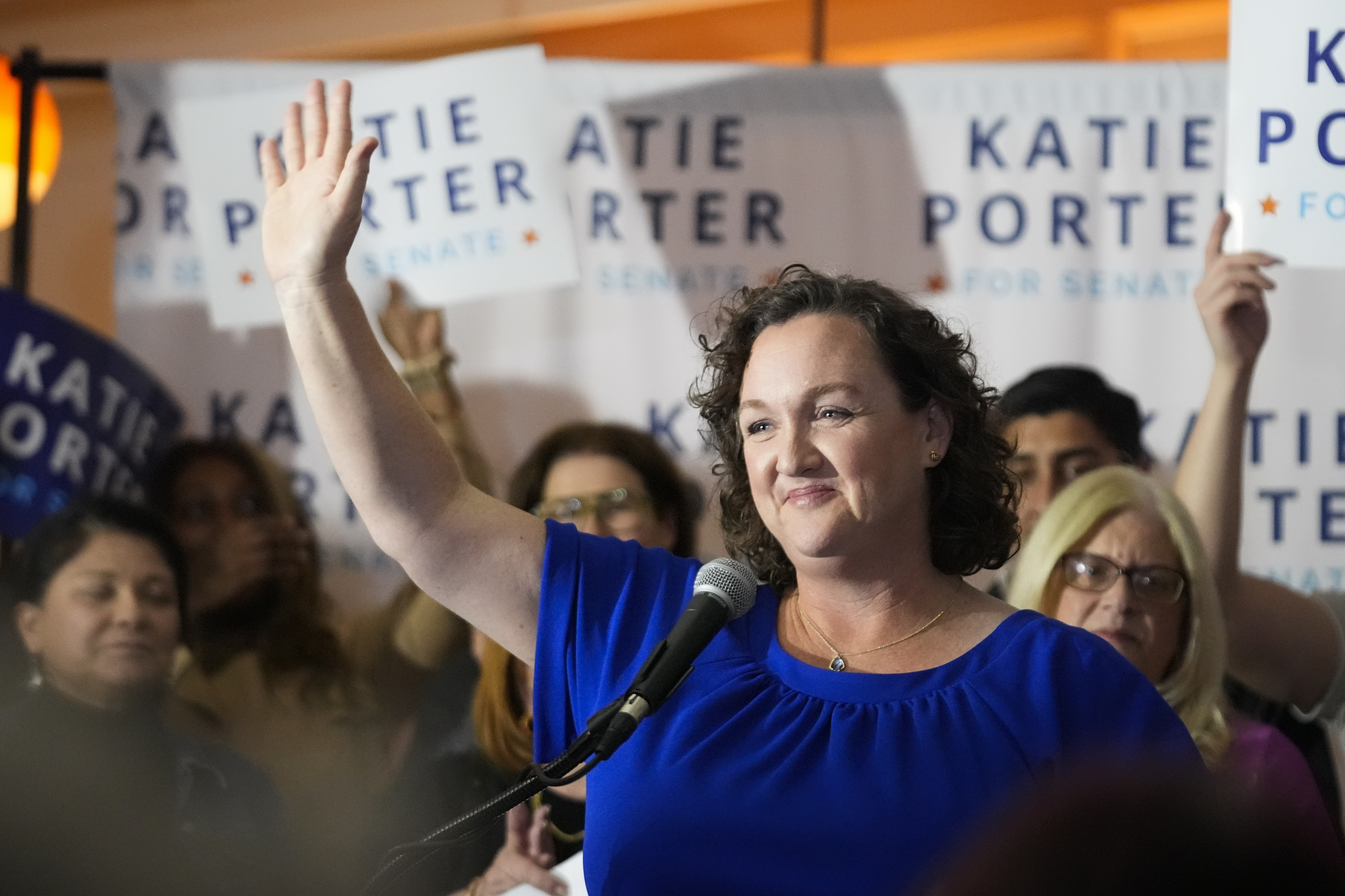 FILE - U.S. Rep. Katie Porter, D-Calif., waves at supporters at an election night party, March 5, 2024, in Long Beach, Calif. (AP Photo/Damian Dovarganes, File)