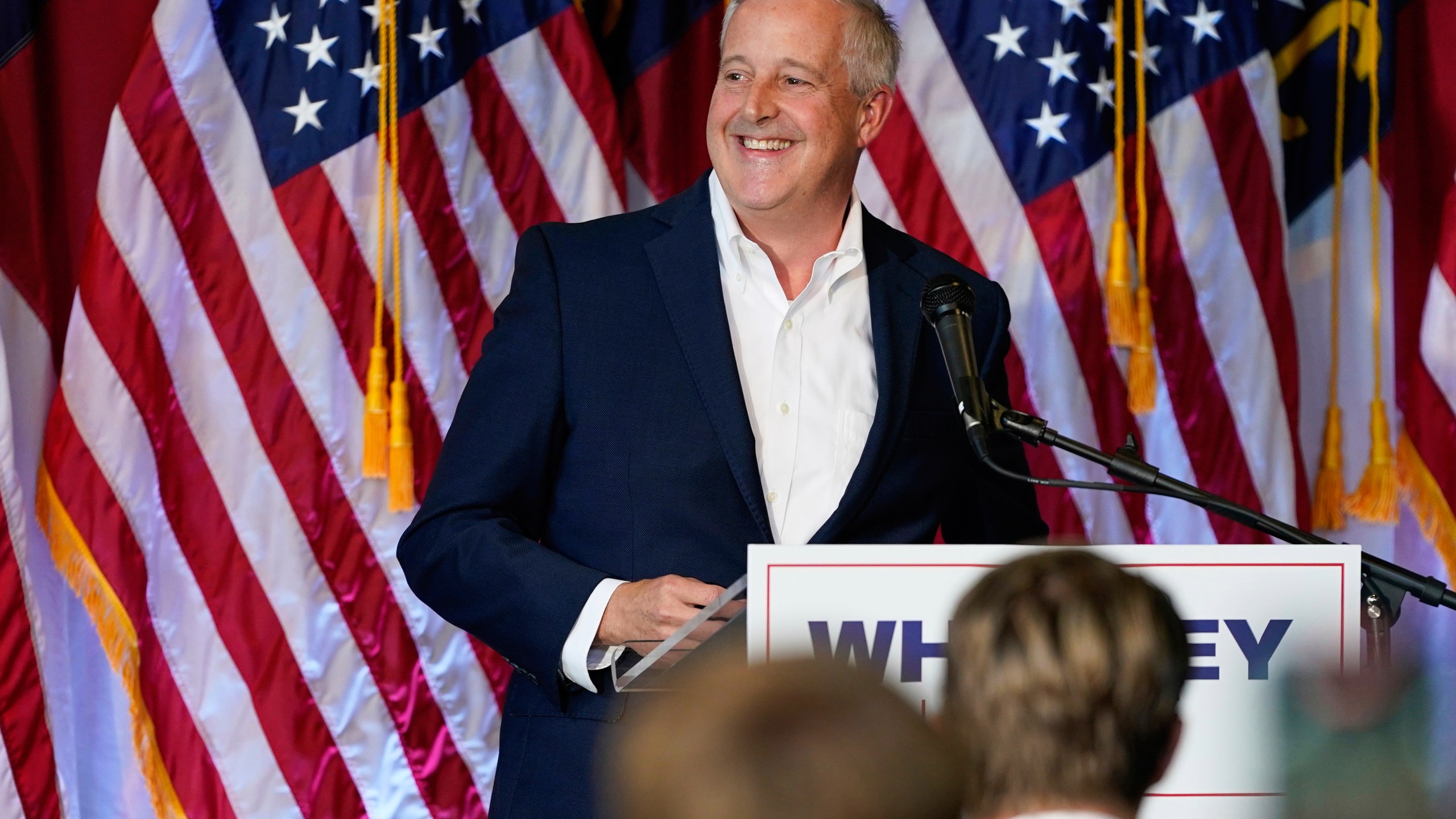 Republican National Committee Chairman Michael Whatley speaks during his campaign launch event for North Carolina's open U.S. Senate seat, Thursday, July 31, 2025, in Gastonia, N.C. (AP Photo/Erik Verduzco)