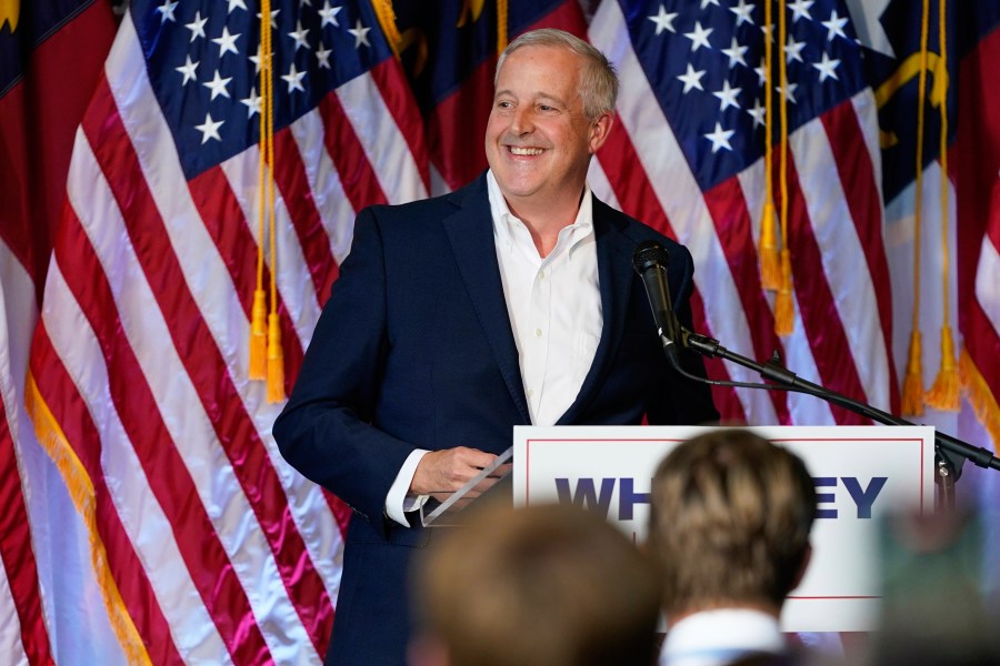 Republican National Committee Chairman Michael Whatley speaks during his campaign launch event for North Carolina's open U.S. Senate seat, Thursday, July 31, 2025, in Gastonia, N.C. (AP Photo/Erik Verduzco)