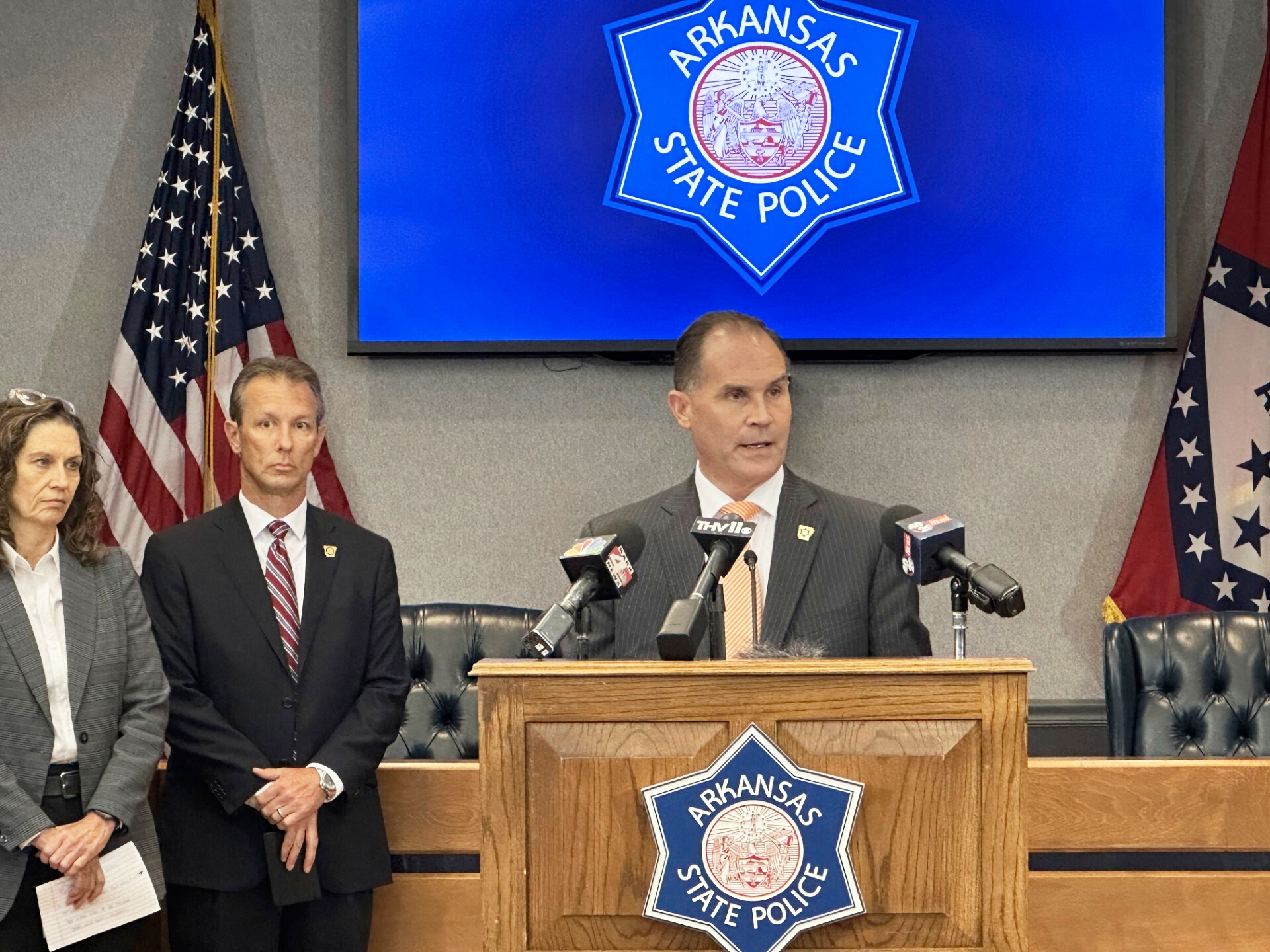 Arkansas State Police Director Col. Mike Hagar speaks at a news conference at the State Police headquarters in Little Rock, Ark., on Thursday, July 31, 2025. (Andrew DeMillo/AP Photo)