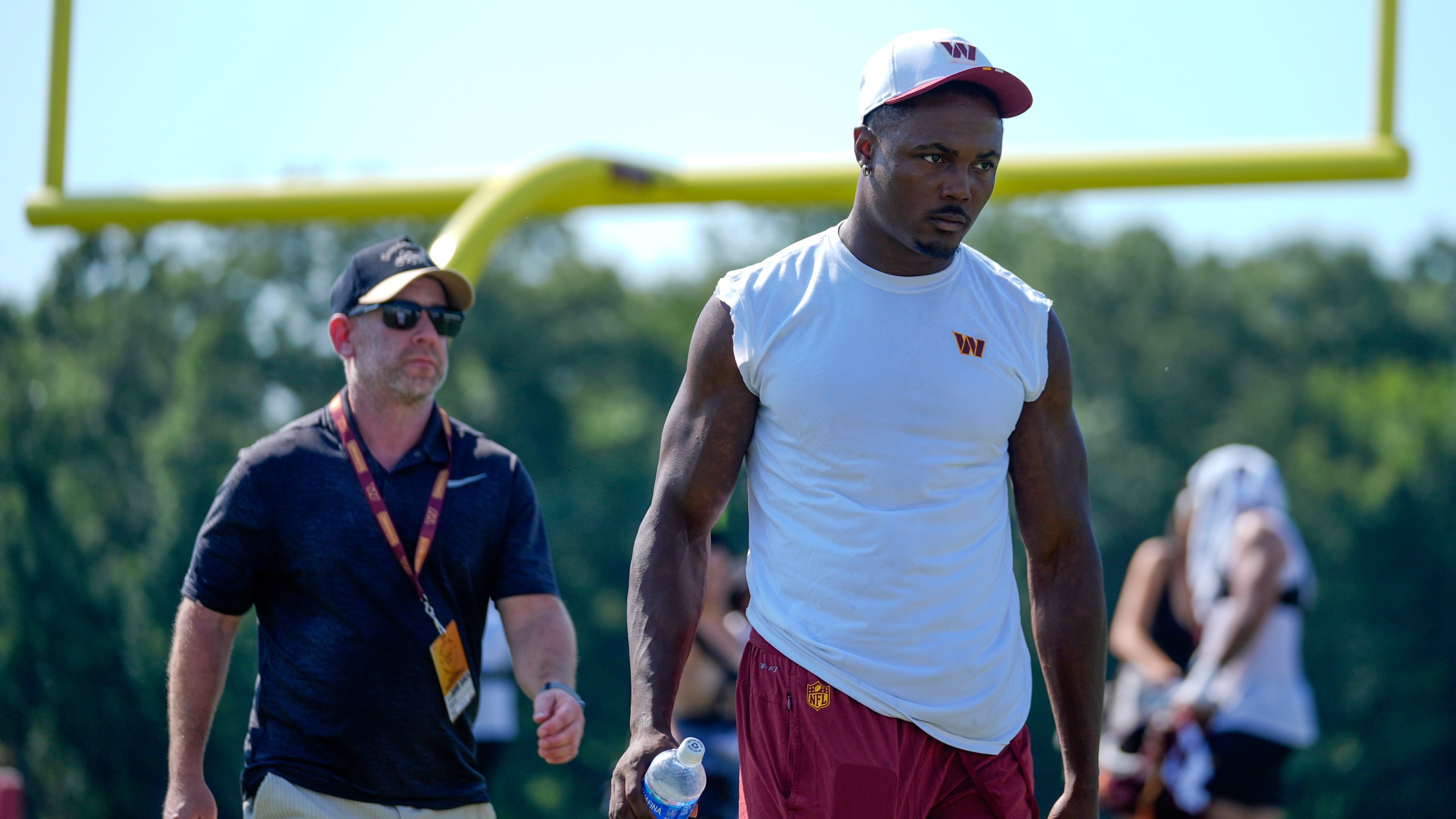 Washington Commanders wide receiver Terry McLaurin walks across the field after a practice at the team's NFL football training camp, Sunday, July 27, 2025, in Ashburn, Va. (AP Photo/Mark Schiefelbein)