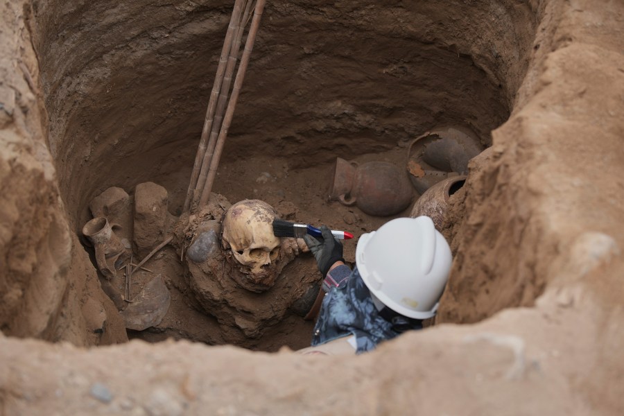 Archaeologist Jose Aliaga works at the site where city workers discovered ancient remains, from the pre-Inca Chancay culture, and artifacts as workers were digging a natural gas line for the company Calidda in the district of Puente Piedra on the outskirts of Lima, Peru, Thursday, July 31, 2025. (AP Photo/Guadalupe Pardo)