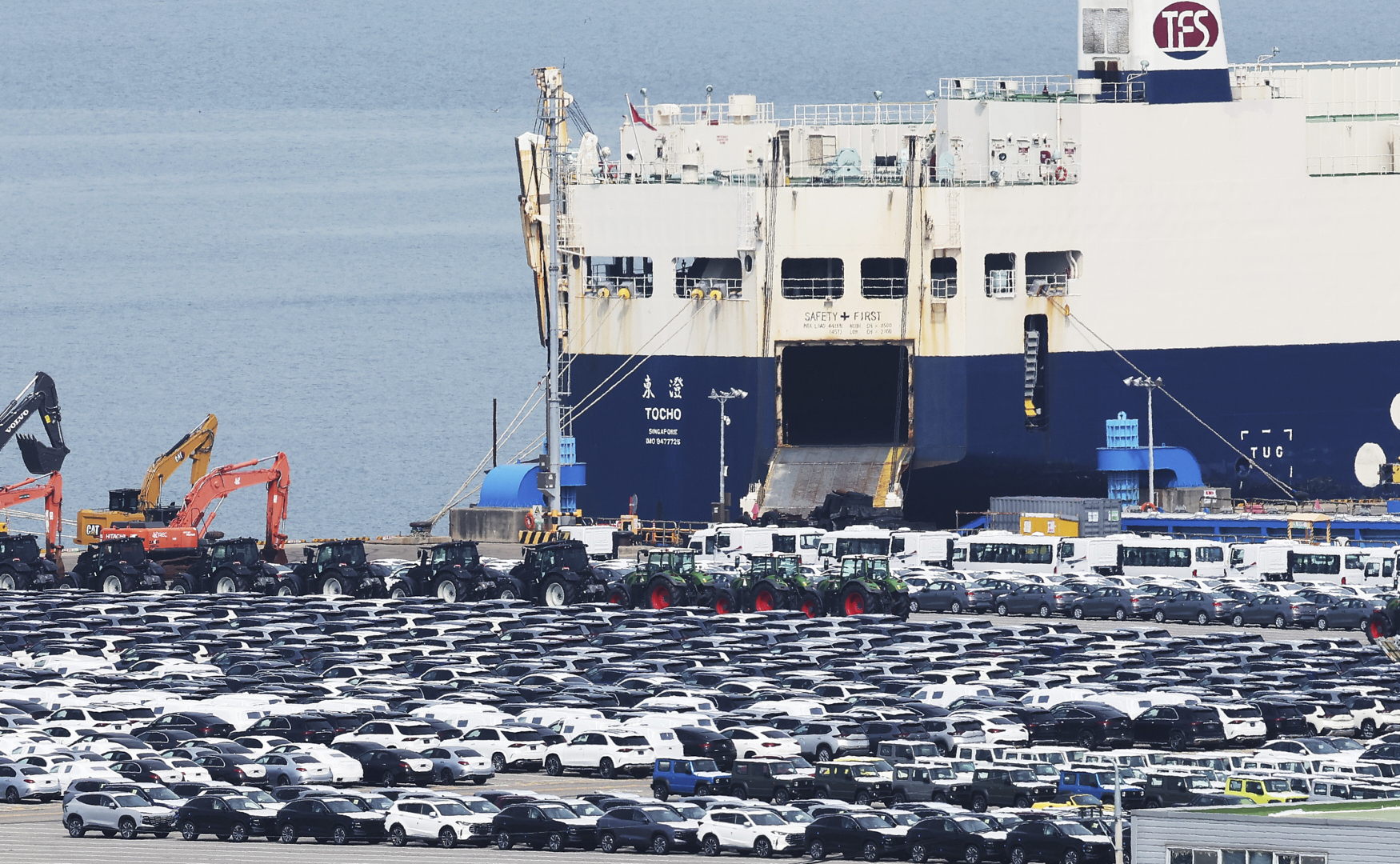 Vehicles for export are parked at a port in Pyeongtaek, South Korea, Thursday, July 31, 2025. (Hong Ki-won/Yonhap via AP)