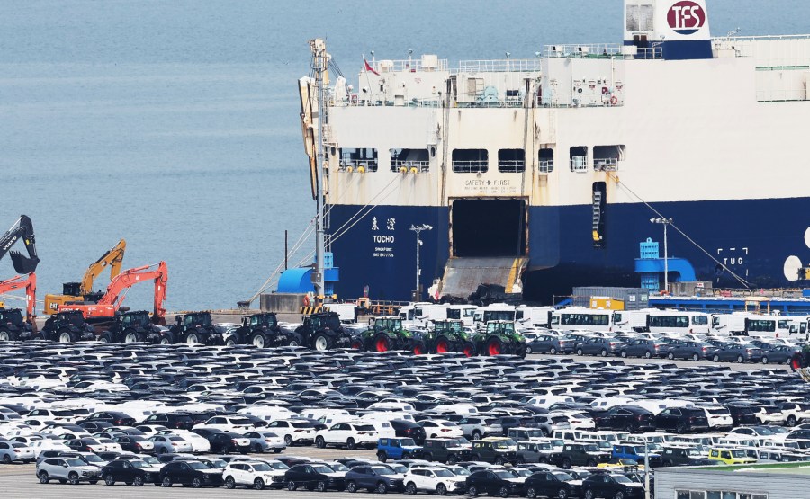 Vehicles for export are parked at a port in Pyeongtaek, South Korea, Thursday, July 31, 2025. (Hong Ki-won/Yonhap via AP)