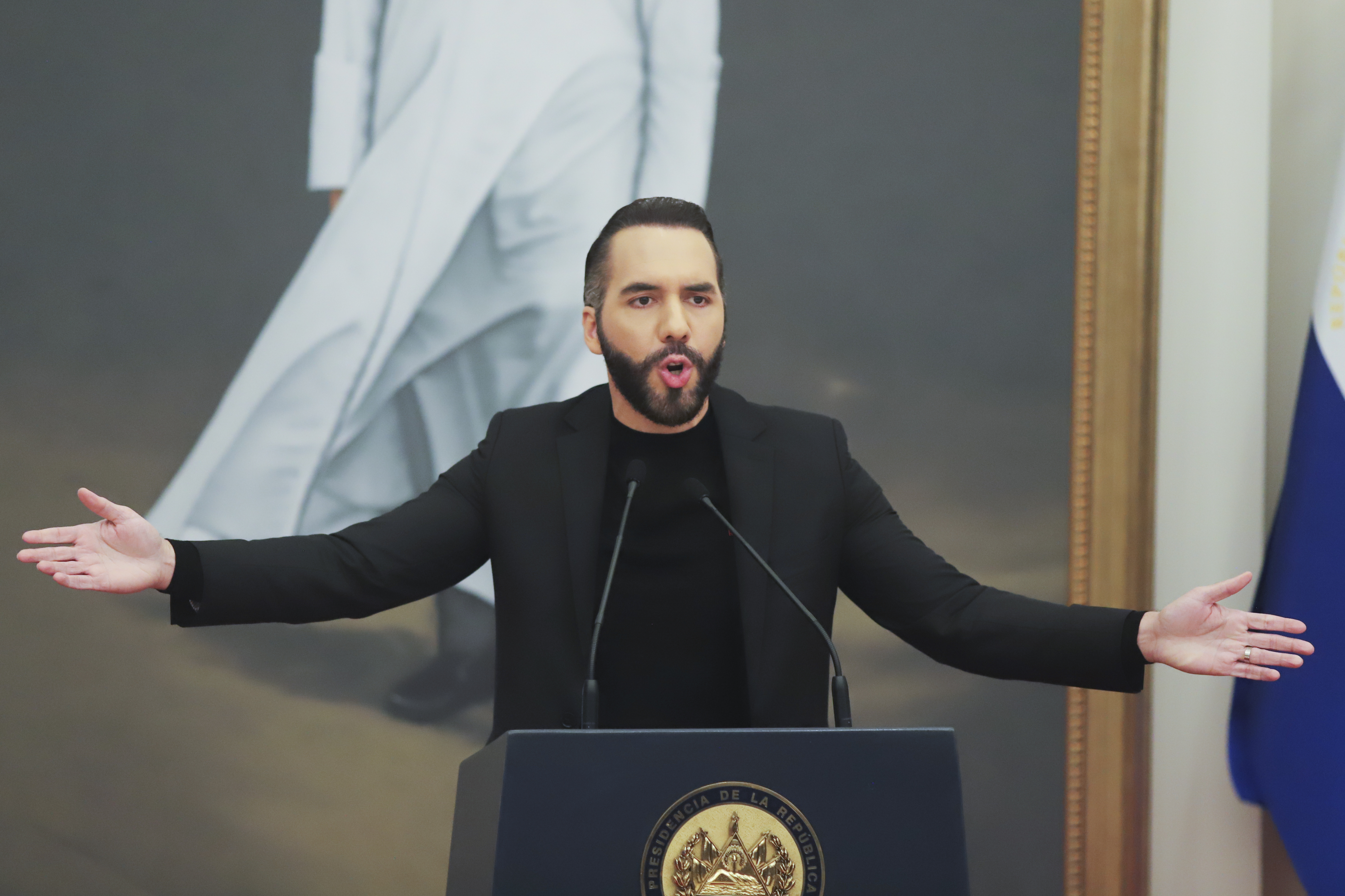 FILE - El Salvador's President Nayib Bukele gives a press conference in San Salvador, El Salvador, Jan. 14, 2025. (AP Photo/Salvador Melendez, File)