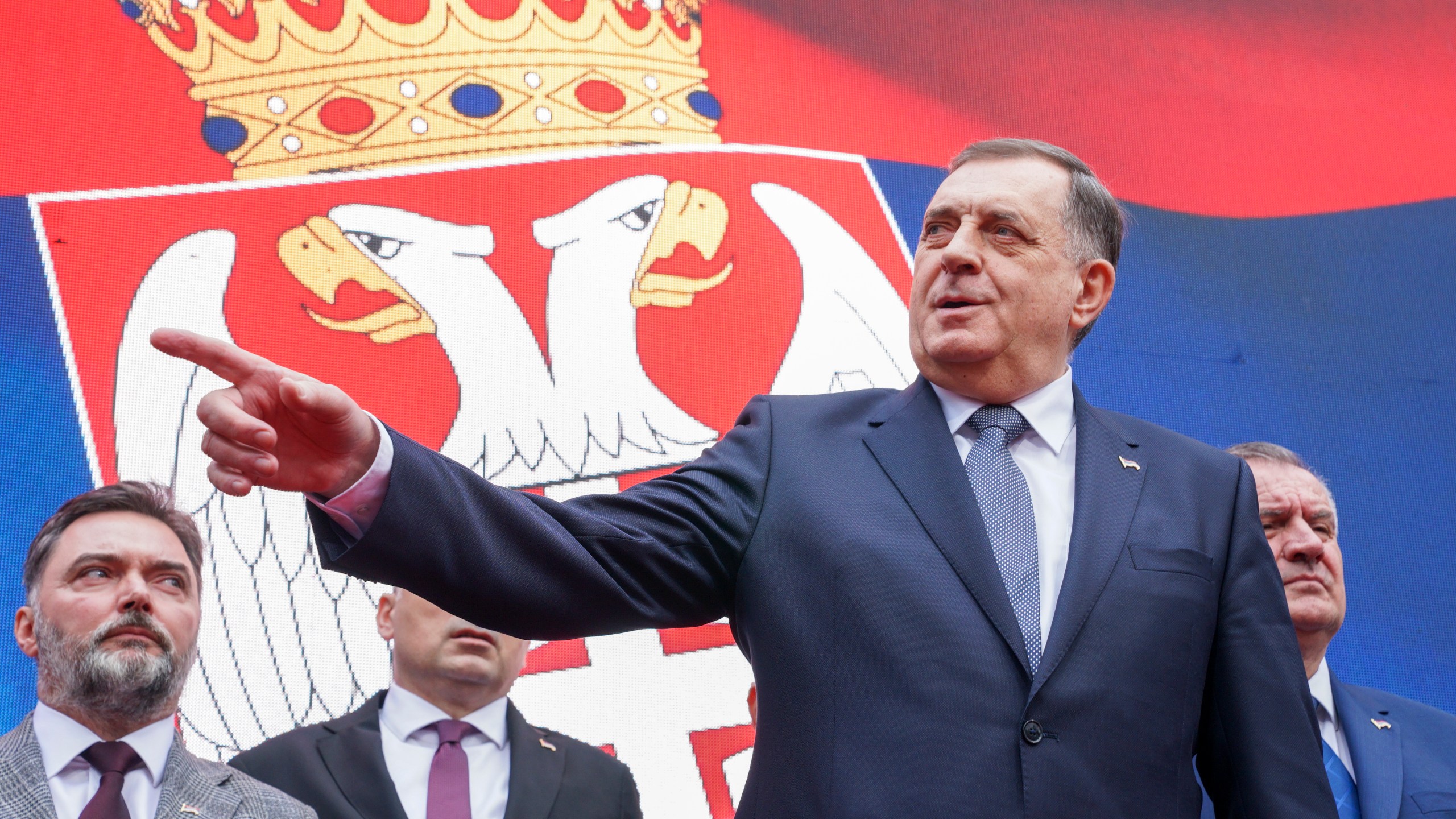 FILE - Bosnian Serb President Milorad Dodik speaks after a court sentenced him to one year in prison and banned him from engaging in politics for six years over his separatist actions, during a rally in the Bosnian town of Banja Luka, 240 kms northwest of Sarajevo, Wednesday, Feb. 26, 2025. (AP Photo/Radivoje Pavicic, File)