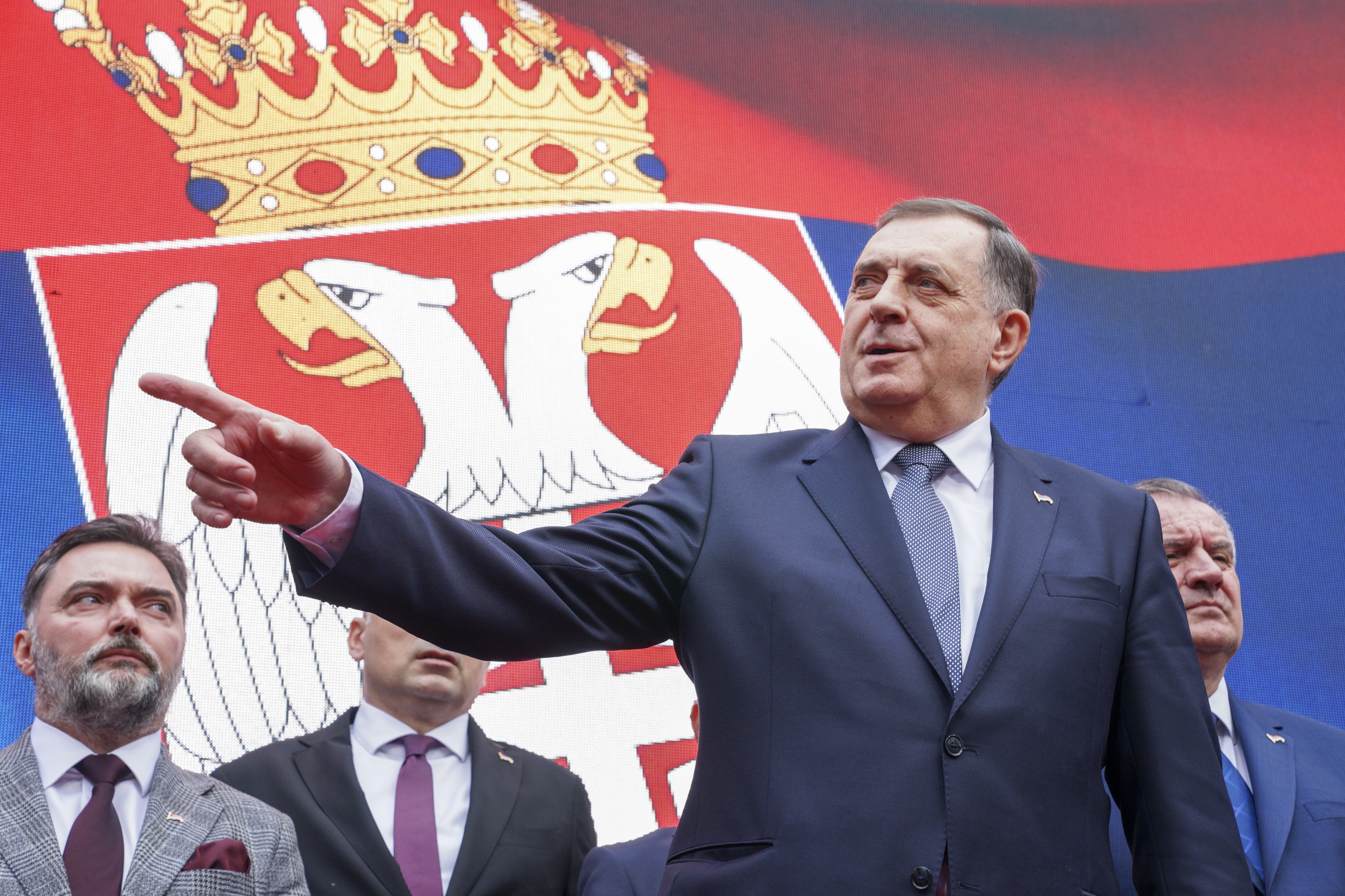 FILE - Bosnian Serb President Milorad Dodik speaks after a court sentenced him to one year in prison and banned him from engaging in politics for six years over his separatist actions, during a rally in the Bosnian town of Banja Luka, 240 kms northwest of Sarajevo, Wednesday, Feb. 26, 2025. (AP Photo/Radivoje Pavicic, File)