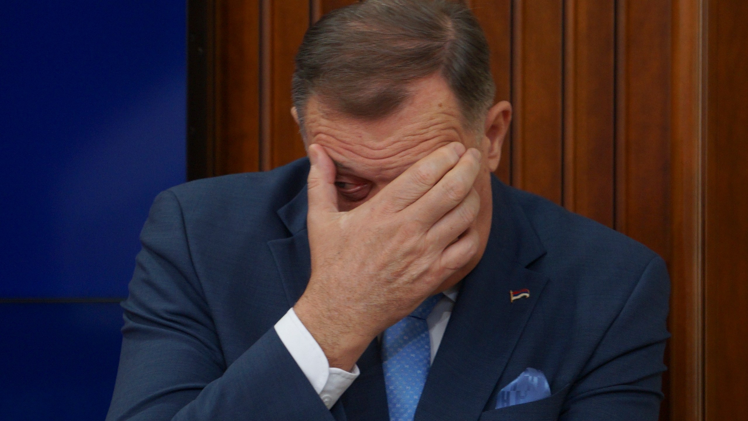 FILE - Bosnian Serb President Milorad Dodik gestures during a news conference after Bosnian prosecutors ordered the detention of three top Bosnian Serb officials over a series of separatist actions, in the Bosnian town of Banja Luka, 240 kms northwest of Sarajevo, Wednesday, March 12, 2025. (AP Photo/Radivoje Pavicic, File)