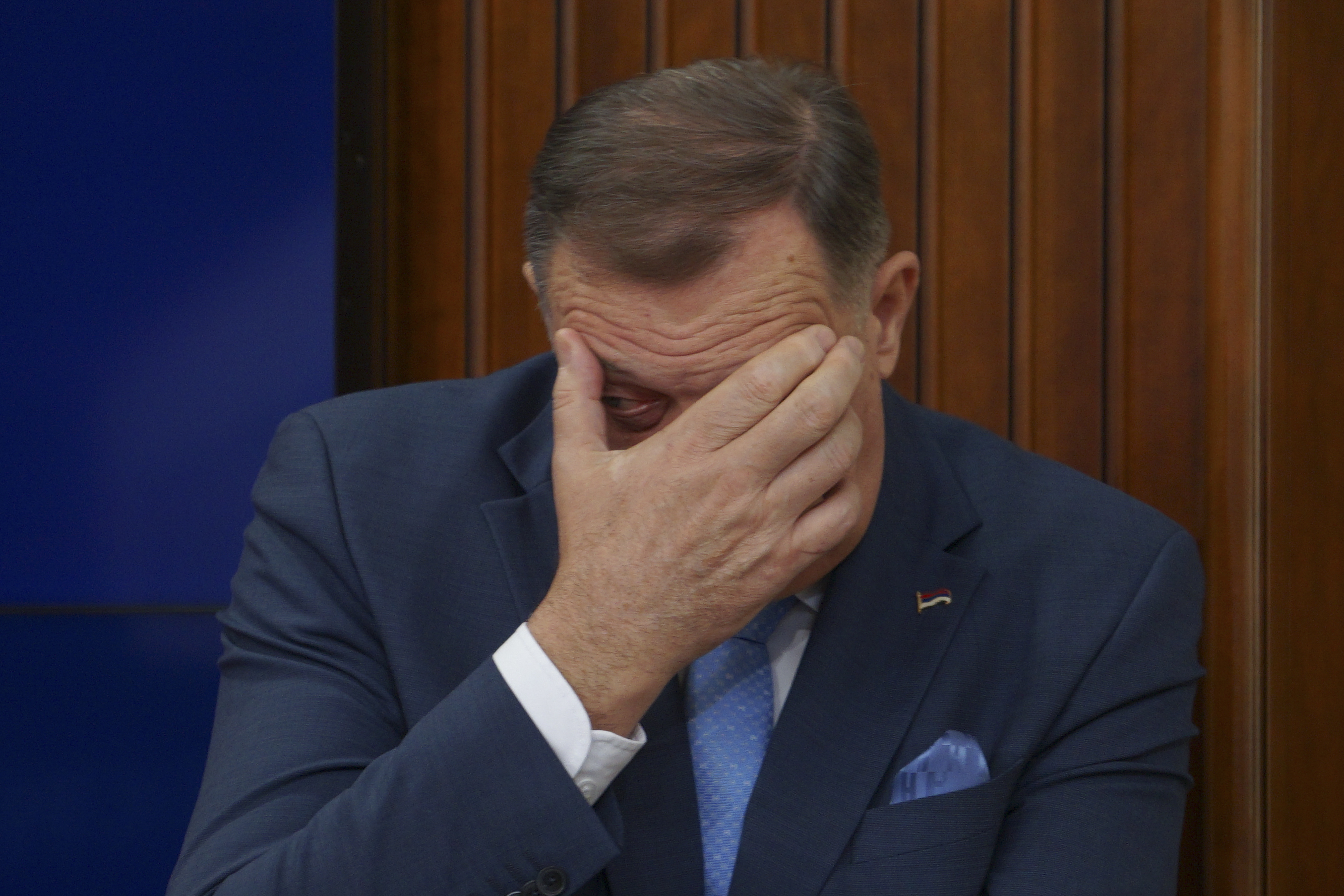 FILE - Bosnian Serb President Milorad Dodik gestures during a news conference after Bosnian prosecutors ordered the detention of three top Bosnian Serb officials over a series of separatist actions, in the Bosnian town of Banja Luka, 240 kms northwest of Sarajevo, Wednesday, March 12, 2025. (AP Photo/Radivoje Pavicic, File)