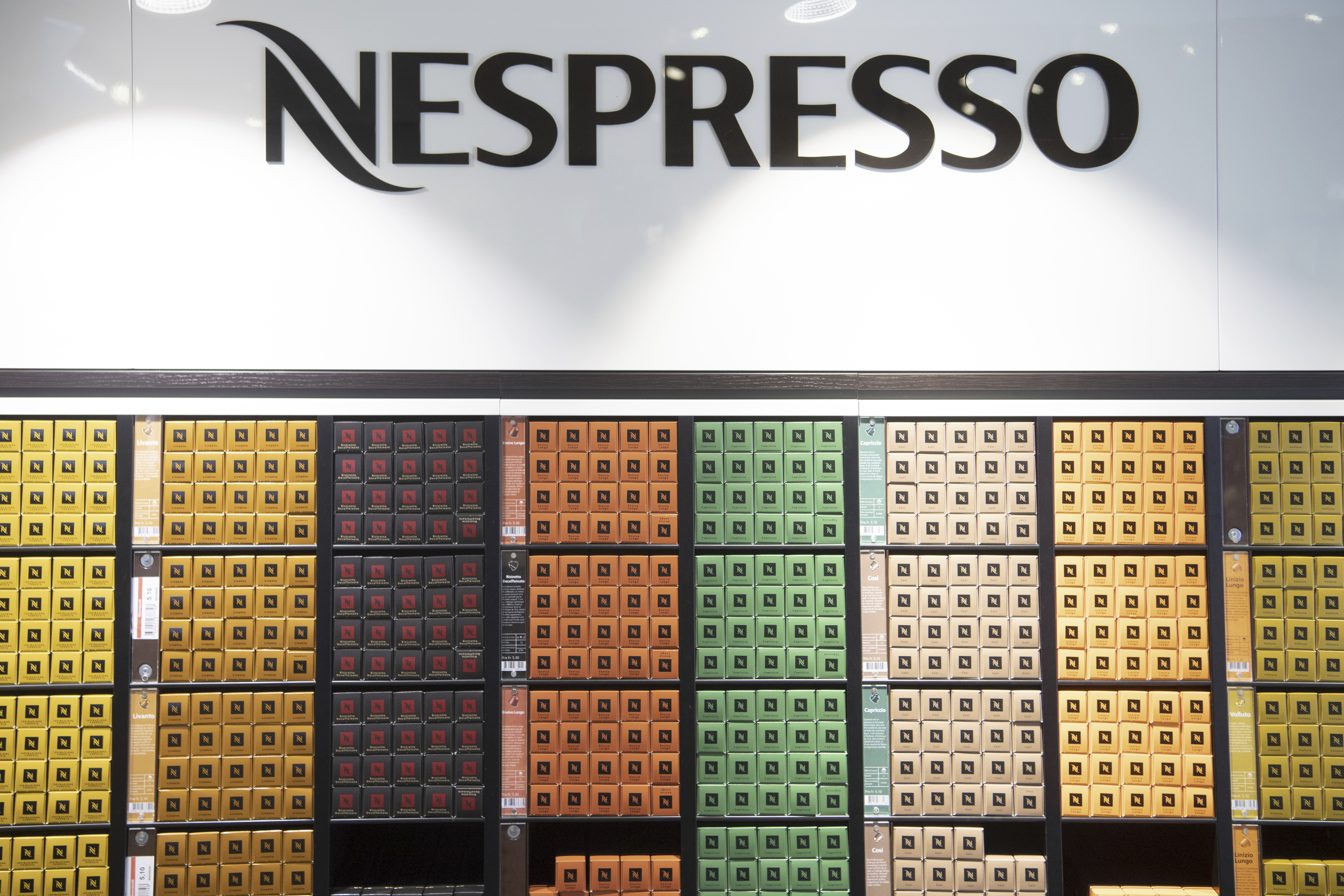 Nespresso cartons on display at the Nestle's own supermarket, in Vevey, Switzerland, Thursday, Feb. 13, 2020. (Laurent Gilliero/Keystone via AP)