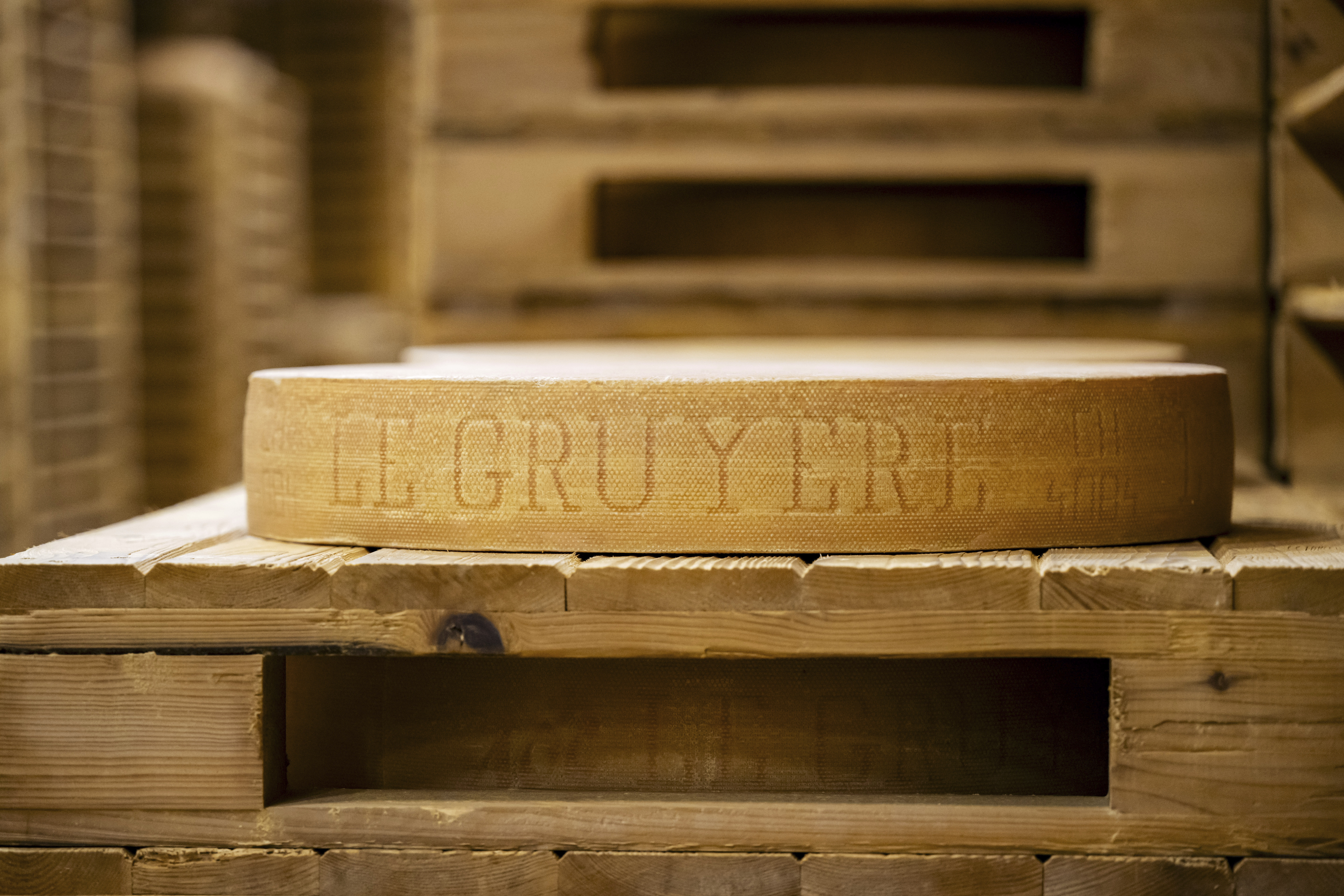 A view of a Gruyere AOP produced by Emmi Group, in Moudon, Switzerland, March 6, 2025. (Jean-Christophe Bott/Keystone via AP)