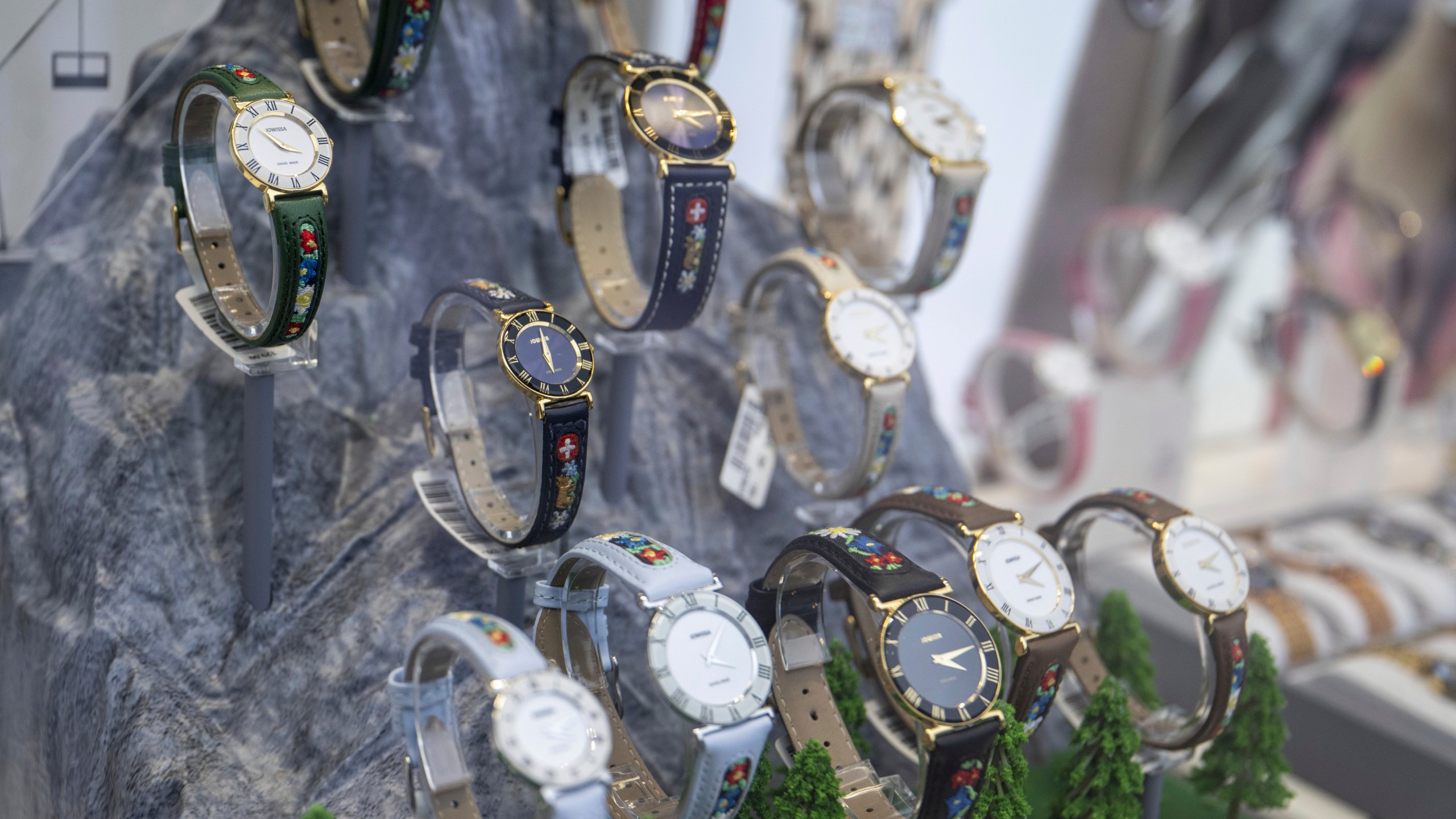 Jowissa brand Swiss watches on display in a watch shop window, on Grendelstrasse, Wednesday, April 16, 2025 in Lucerne, Switzerland. (Urs Flueeler/Keystone via AP)