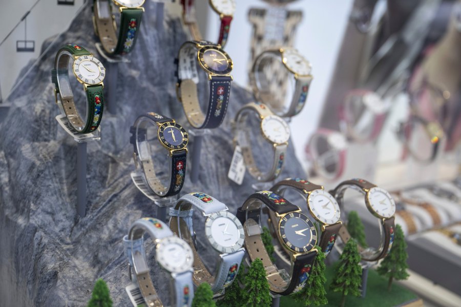 Jowissa brand Swiss watches on display in a watch shop window, on Grendelstrasse, Wednesday, April 16, 2025 in Lucerne, Switzerland. (Urs Flueeler/Keystone via AP)