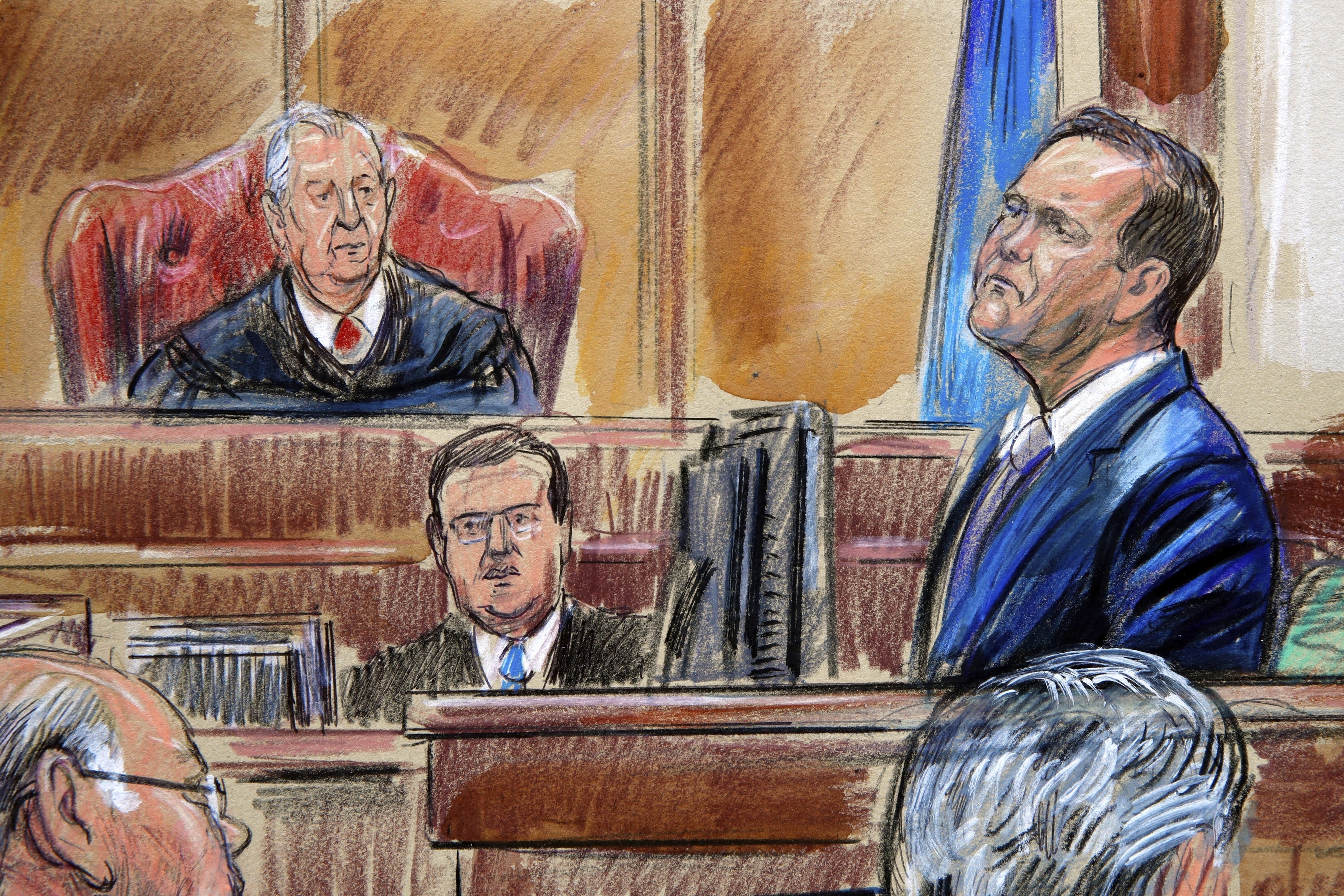 FILE - In this courtroom sketch, U.S. District court Judge T.S. Ellis III listens as Rick Gates is cross examined on the witness stand by defense lawyer Kevin Downing during the trial of former Donald Trump campaign chairman Paul Manafort in Alexandria, Va., on Aug. 7, 2018. Ellis, who oversaw numerous high-profile trials, died Wednesday, July 30, 2025, after a long illness at the age of 85. (Dana Verkouteren via AP, File)